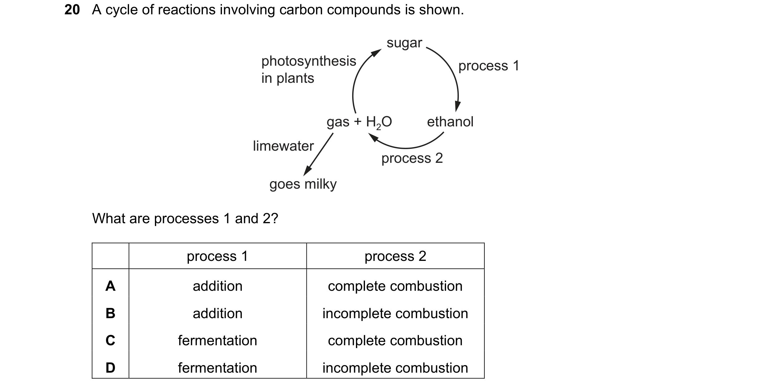 Question 22: A cycle of reactions involving carbon compounds is shown. sugar photosynthesis process 1 in plants gas + H2O ethanol limewater process 2 go…