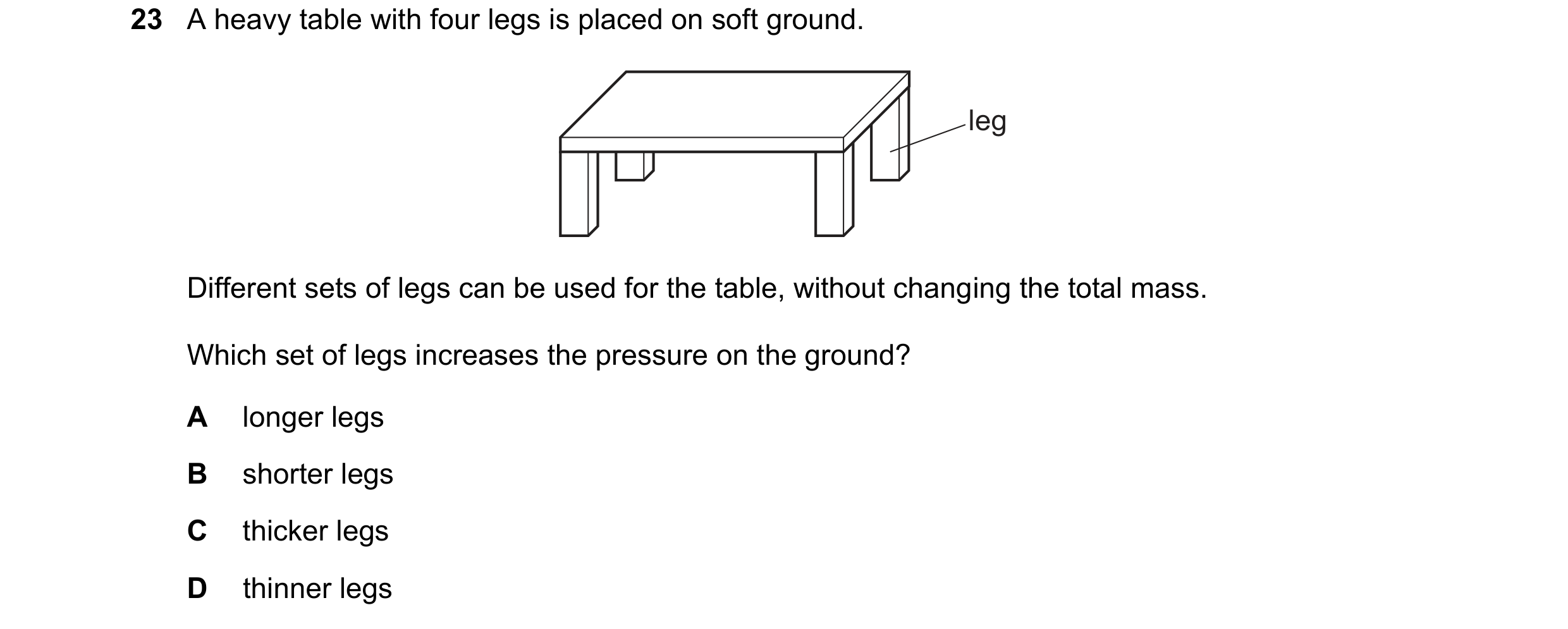 Question 40: A heavy table with four legs is placed on soft ground. leg Different sets of legs can be used for the table, without changing the total mas…