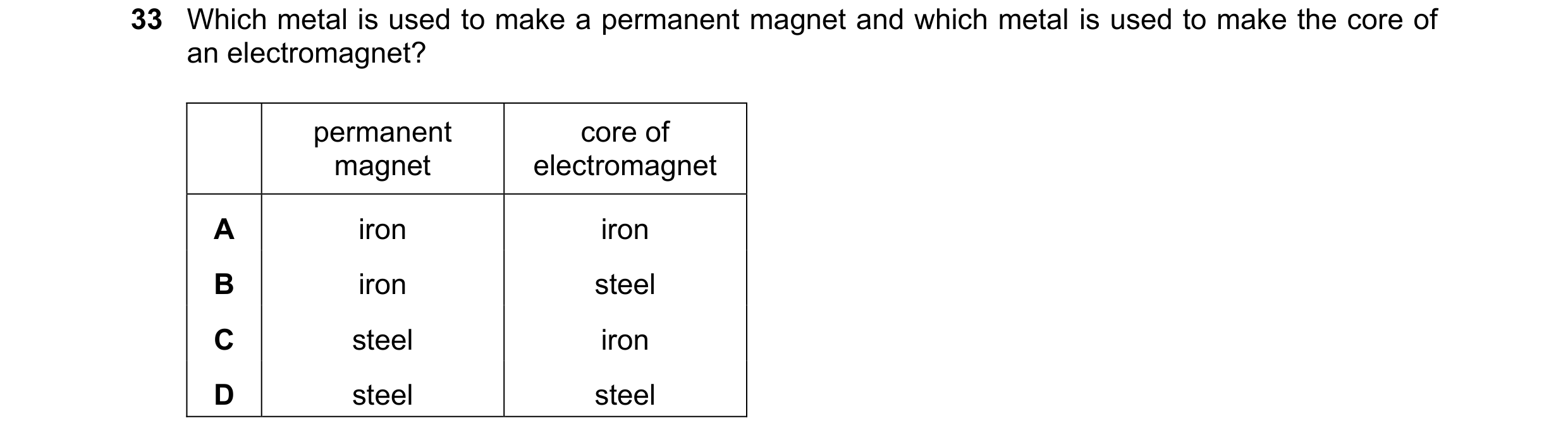Question 42: Which metal is used to make a permanent magnet and which metal is used to make the core of an electromagnet? permanent core of magnet elect…