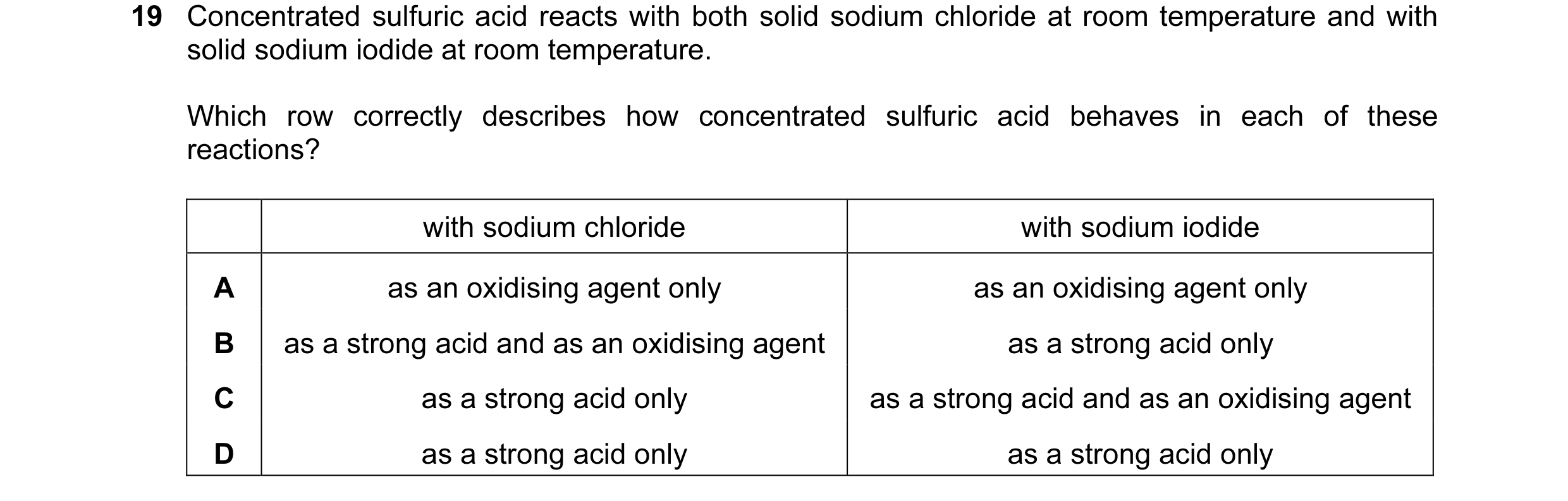 Question 13: Concentrated sulfuric acid reacts with both solid sodium chloride at room temperature and with solid sodium iodide at room temperature. Whi…