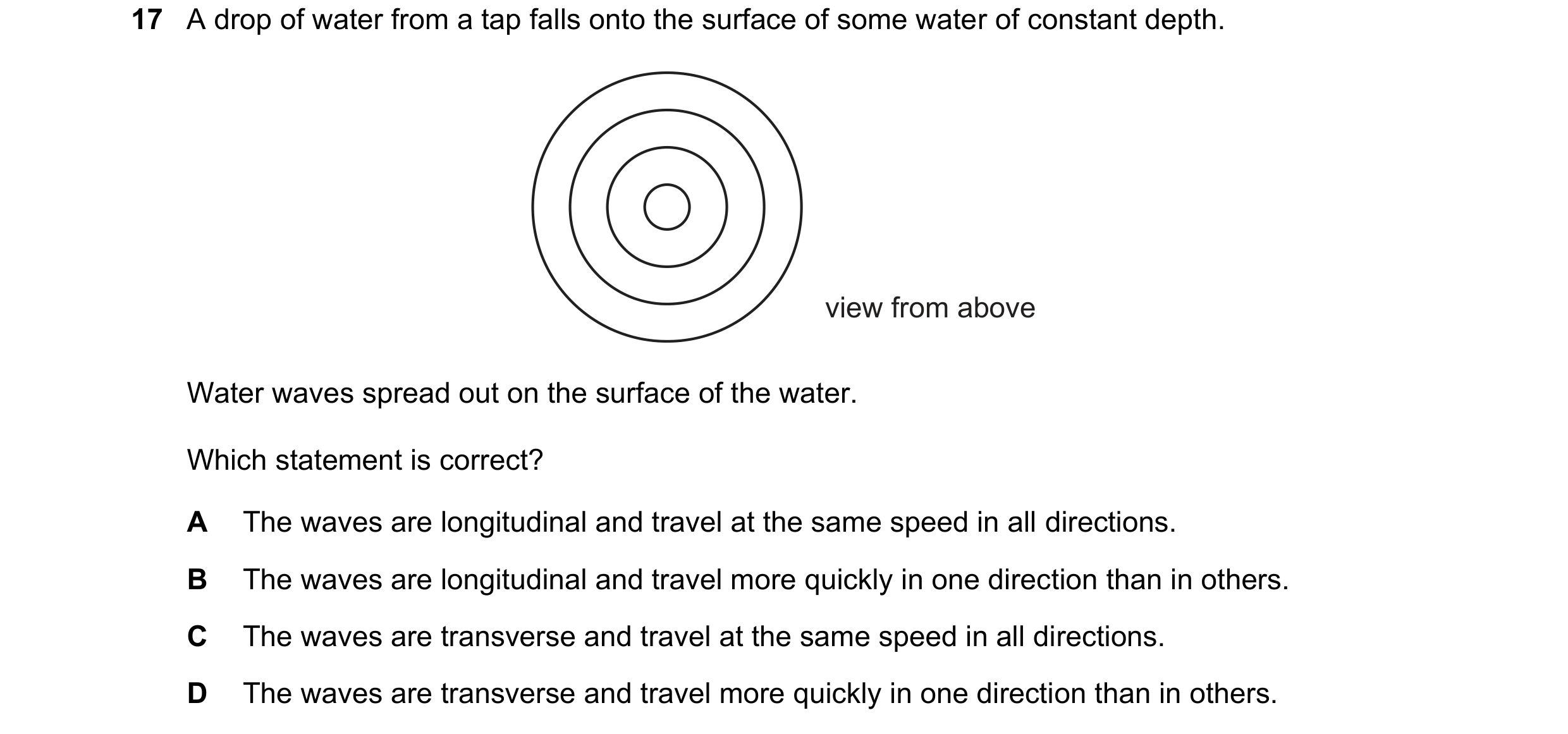 Question 226: A drop of water from a tap falls onto the surface of some water of constant depth. view from above Water waves spread out on the surface of…