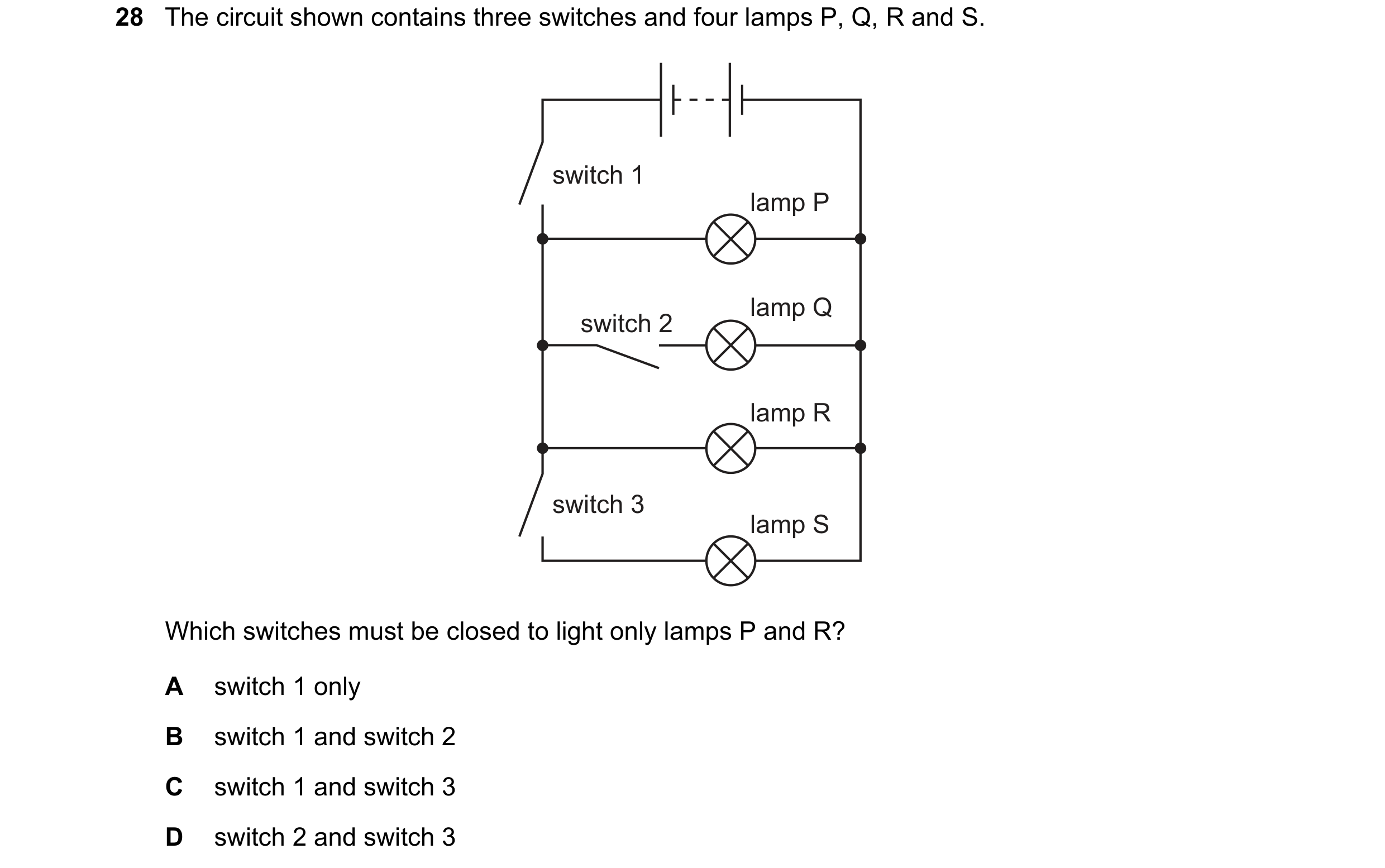 Question 428: The circuit shown contains three switches and four lamps P, Q, R and S. switch 1 lamp P lamp Q switch 2 lamp R switch 3 lamp S Which switch…