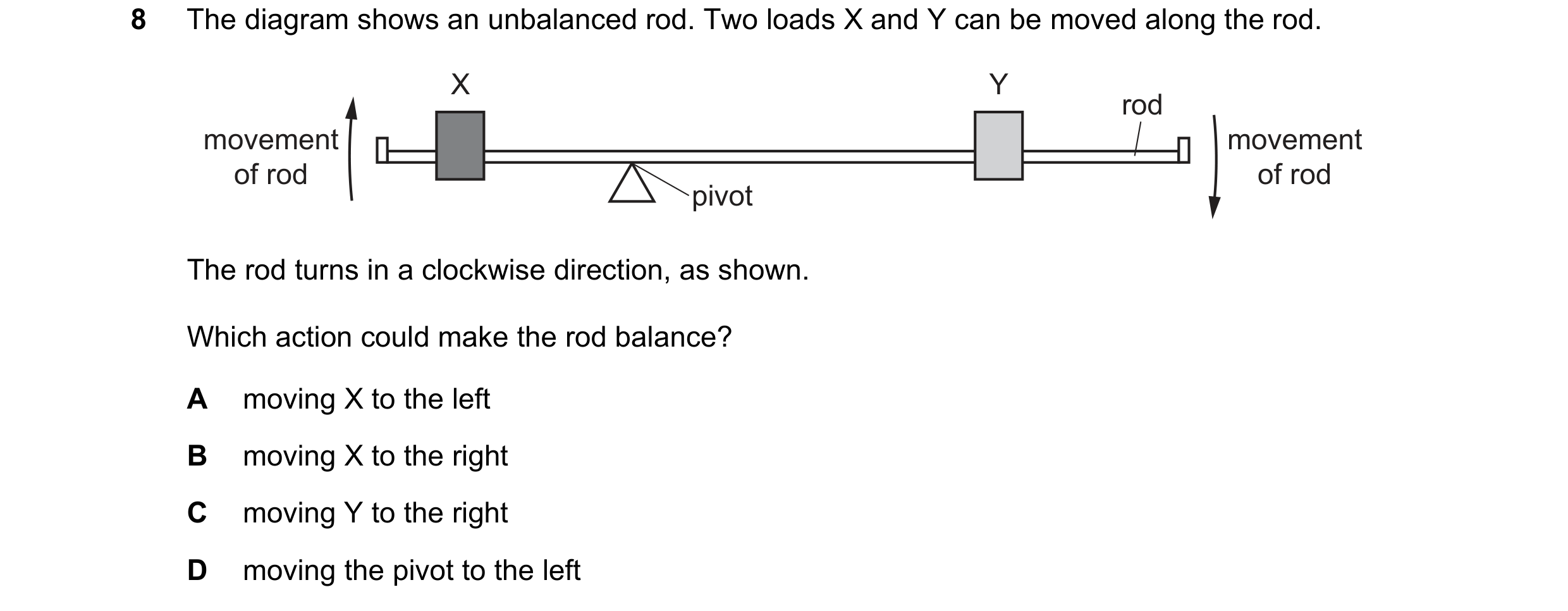 Question 280: The diagram shows an unbalanced rod. Two loads X and Y can be moved along the rod. X Y rod movement movement of rod of rod pivot The rod tu…