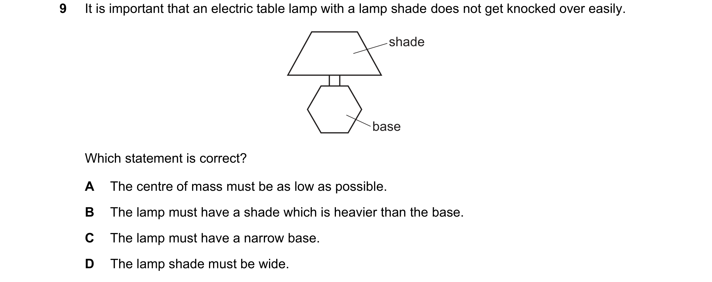 Question 281: It is important that an electric table lamp with a lamp shade does not get knocked over easily. shade base Which statement is correct? A Th…