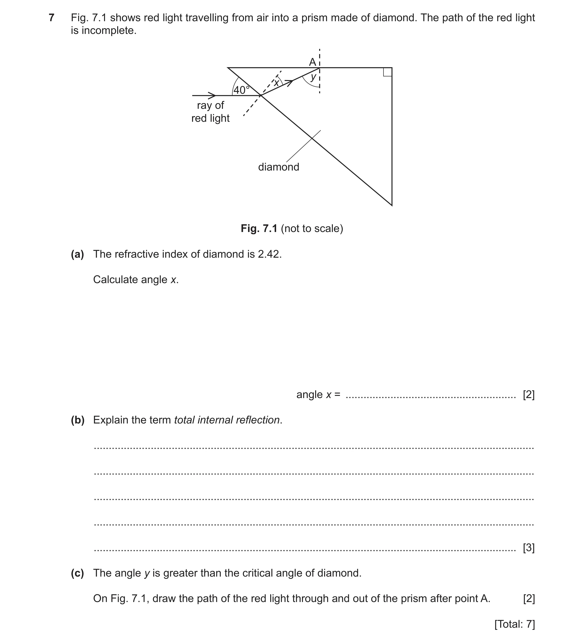Question 24: Fig. 7.1 shows red light travelling from air into a prism made of diamond. The path of the red light is incomplete. A y x 40° ray of red li…