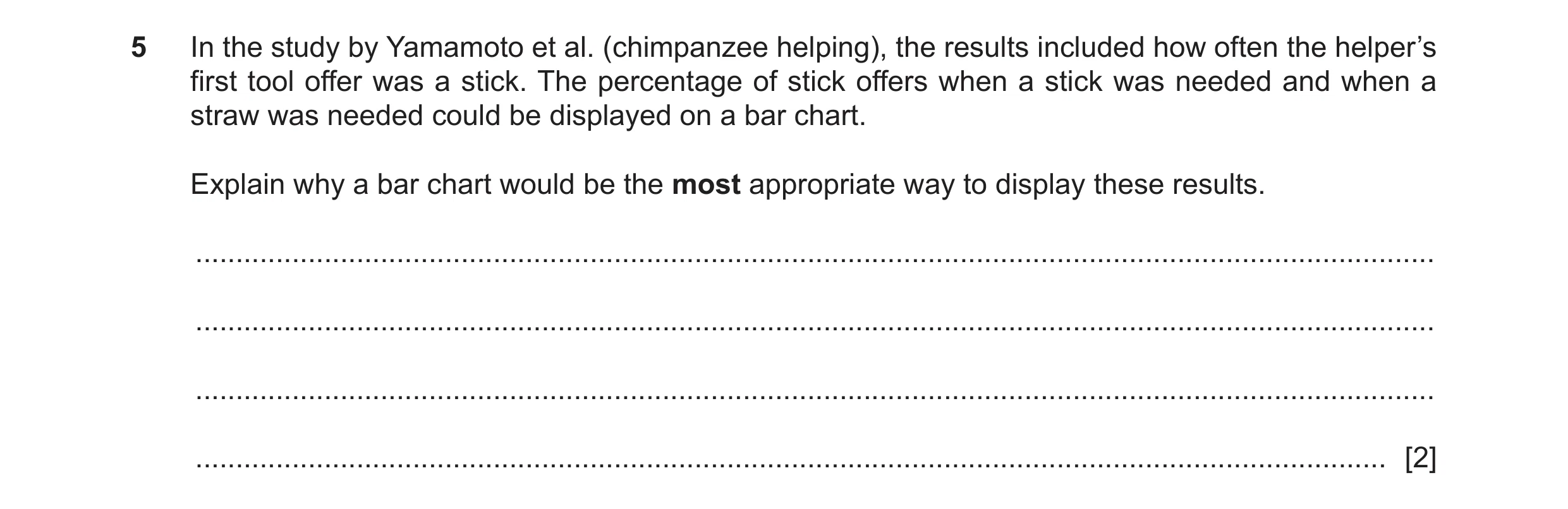 Question 251: In the study by Yamamoto et al. (chimpanzee helping), the results included how often the helper’s first tool offer was a stick. The percent…
