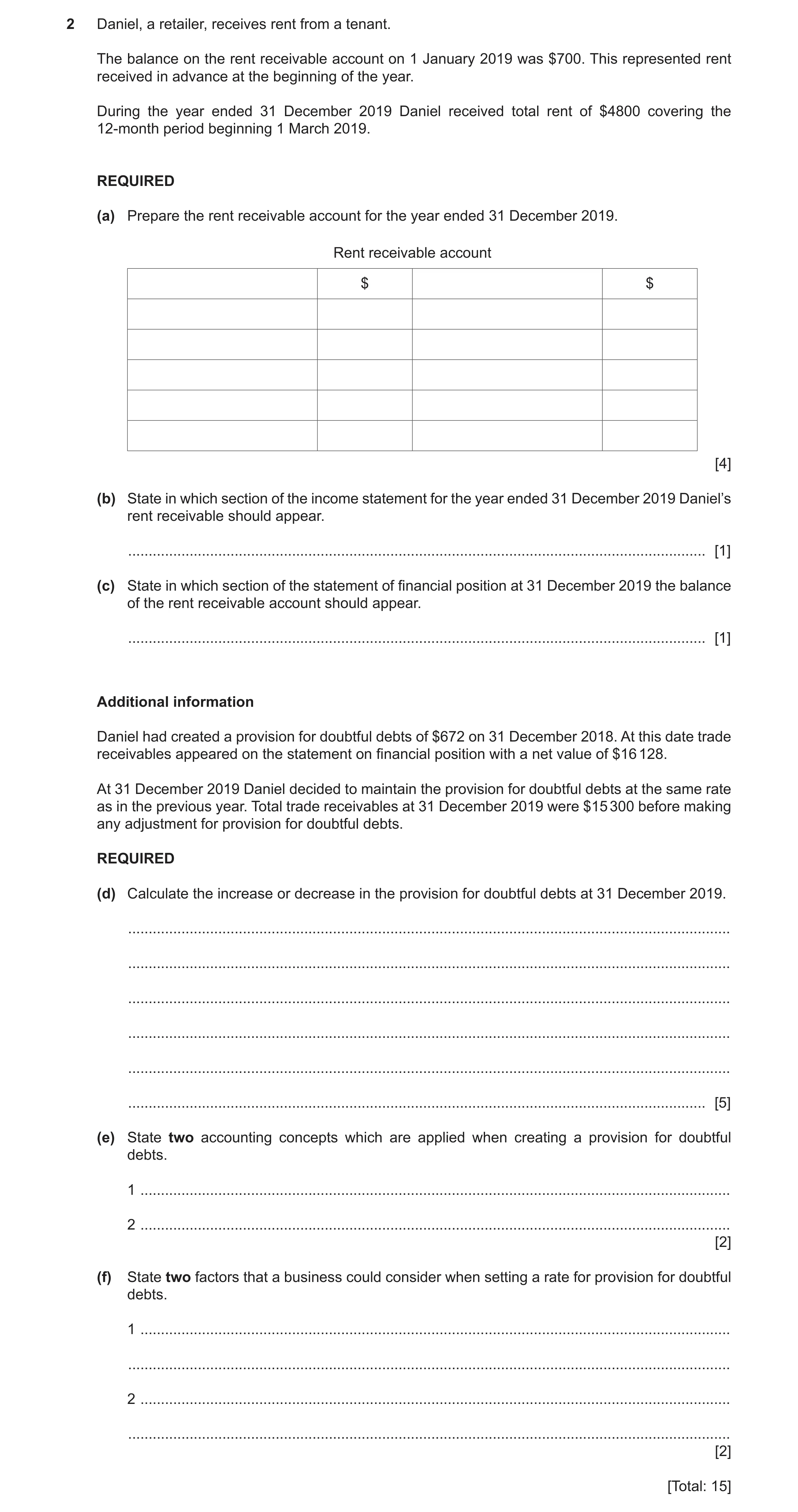 Question 21: Daniel, a retailer, receives rent from a tenant. The balance on the rent receivable account on 1 January 2019 was $700. This represented re…