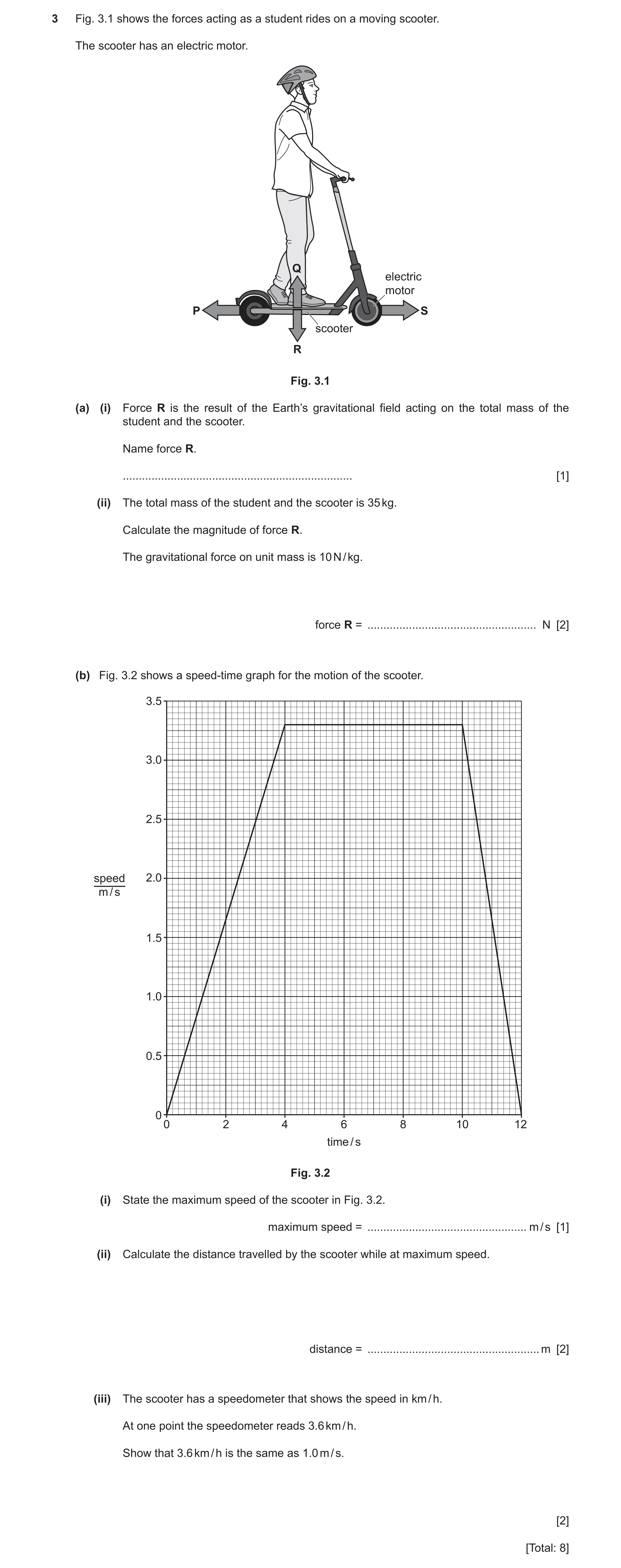 Question 8: Fig. 3.1 shows the forces acting as a student rides on a moving scooter. The scooter has an electric motor. Q electric motor P S scooter R …
