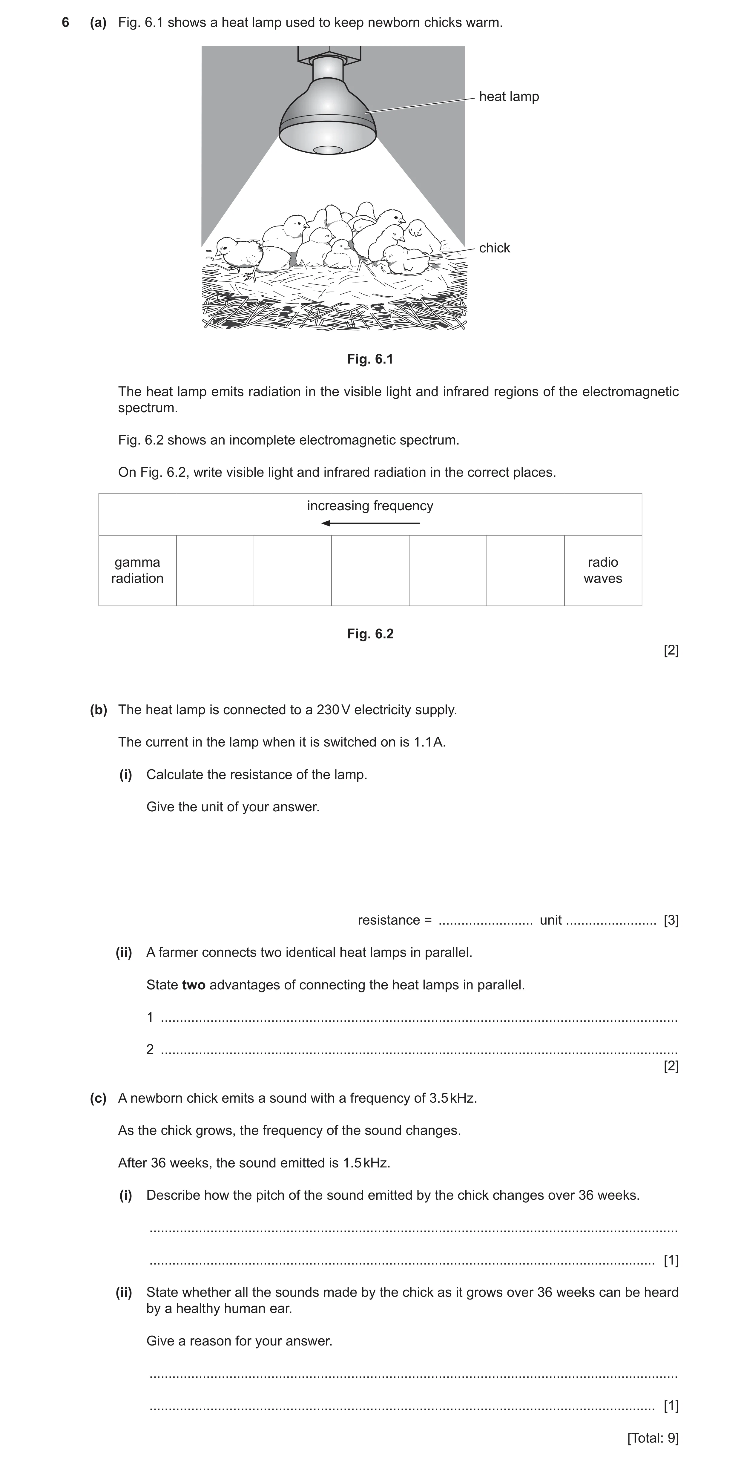 Question 35: (a) Fig. 6.1 shows a heat lamp used to keep newborn chicks warm. heat lamp chick Fig. 6.1 The heat lamp emits radiation in the visible ligh…