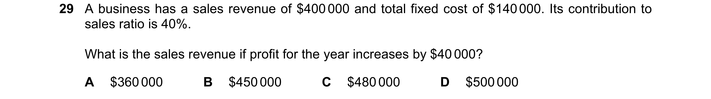 Question 300: A business has a sales revenue of $400 000 and total fixed cost of $140 000. Its contribution to sales ratio is 40%. What is the sales reve…