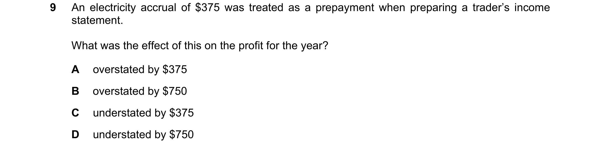Question 646: An electricity accrual of $375 was treated as a prepayment when preparing a trader’s income statement. What was the effect of this on the p…