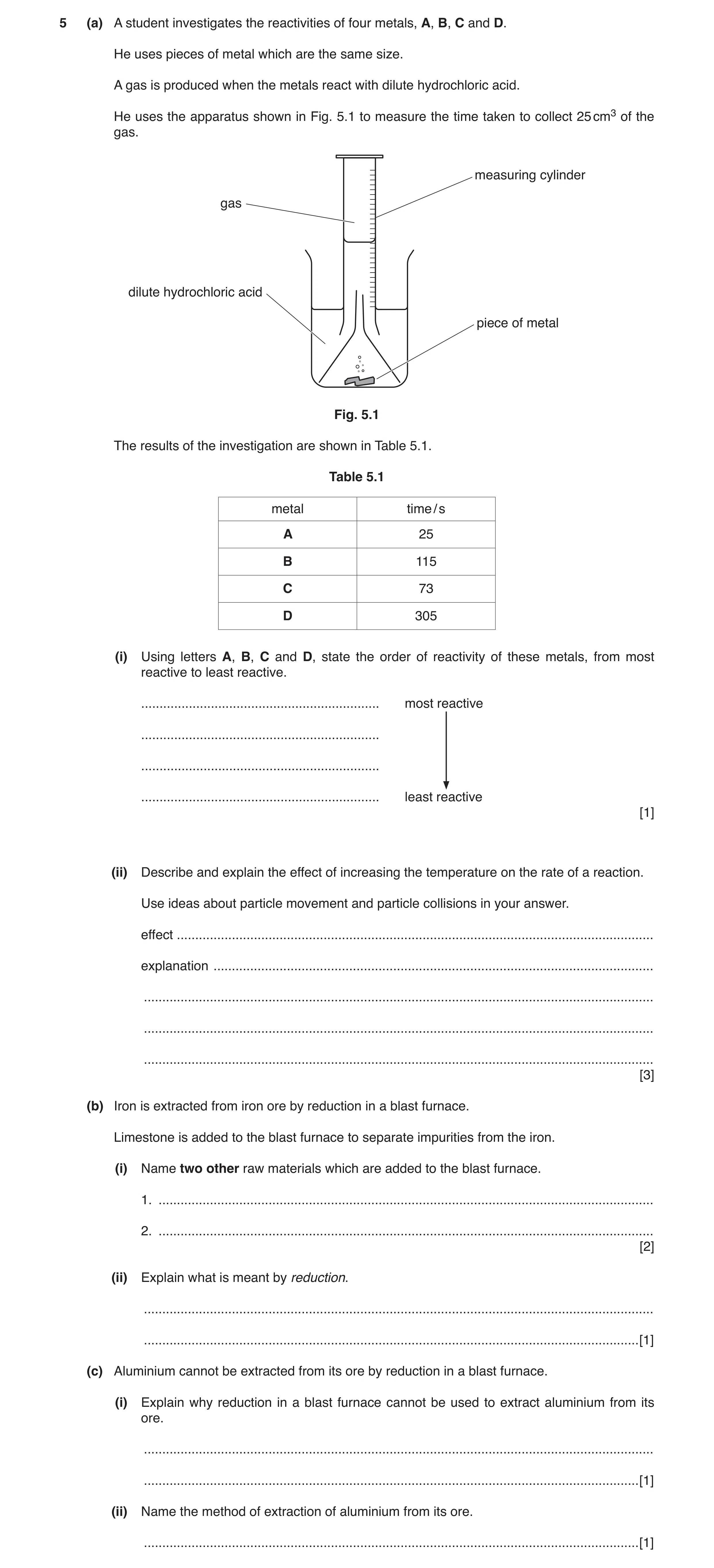 Question 7: (a) A student investigates the reactivities of four metals, A, B, C and D. He uses pieces of metal which are the same size. A gas is produc…