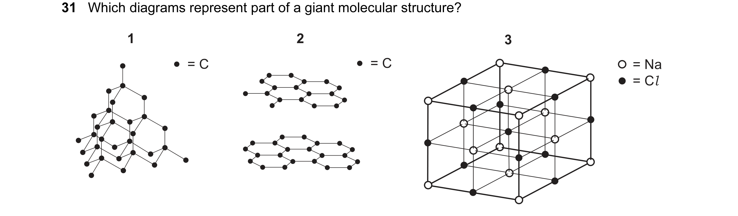 Question 9: Which diagrams represent part of a giant molecular structure? 1 2 3 = C = C = Na = Cl