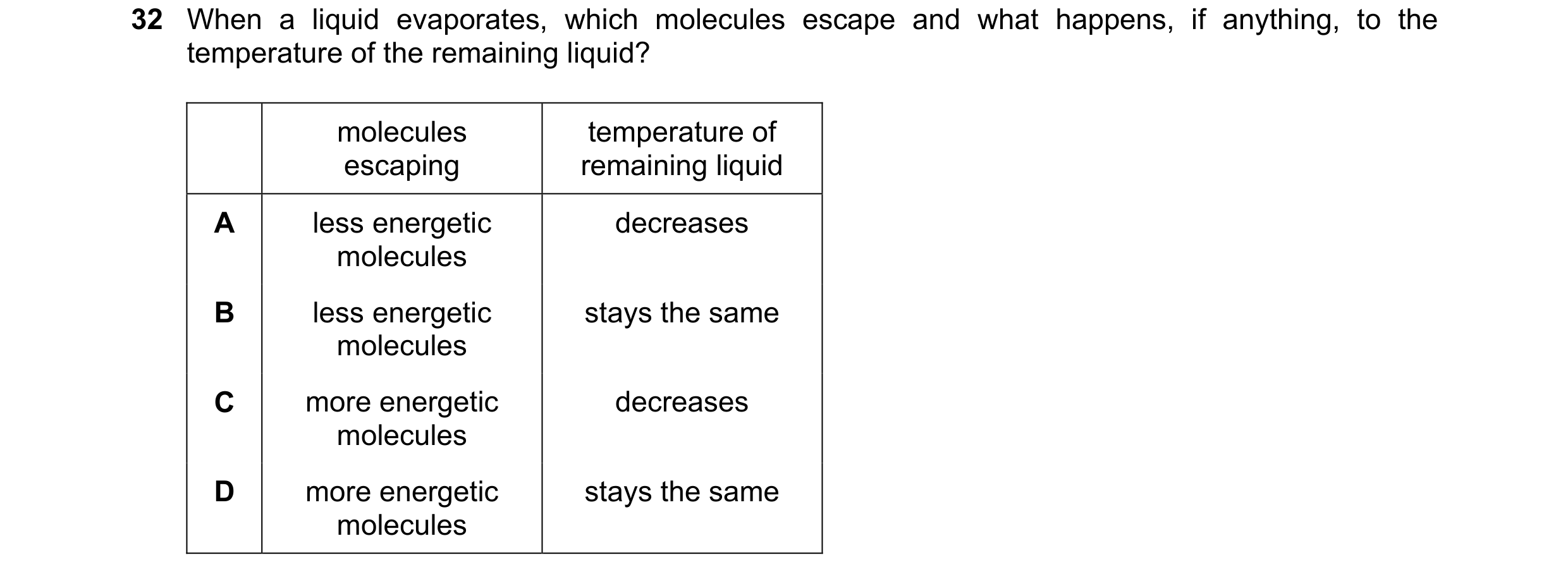 Question 38: When a liquid evaporates, which molecules escape and what happens, if anything, to the temperature of the remaining liquid? molecules tempe…