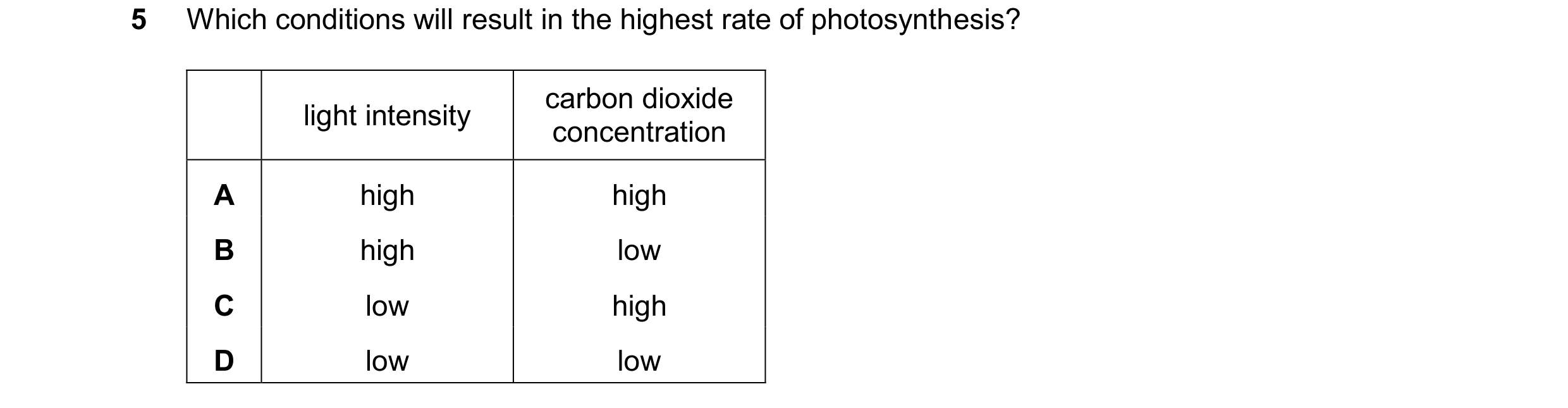 Question 14: Which conditions will result in the highest rate of photosynthesis? carbon dioxide light intensity concentration A high high B high low C l…