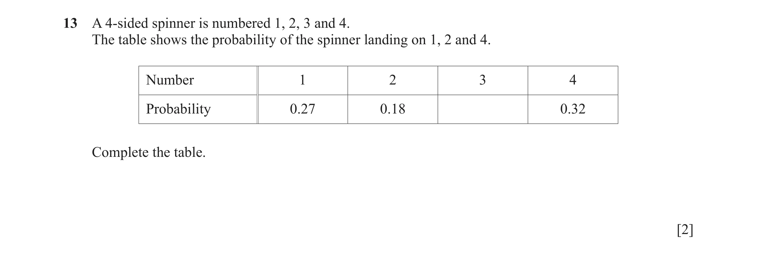 Question 58: A 4-sided spinner is numbered 1, 2, 3 and 4. The table shows the probability of the spinner landing on 1, 2 and 4. Number 1 2 3 4 Probabili…