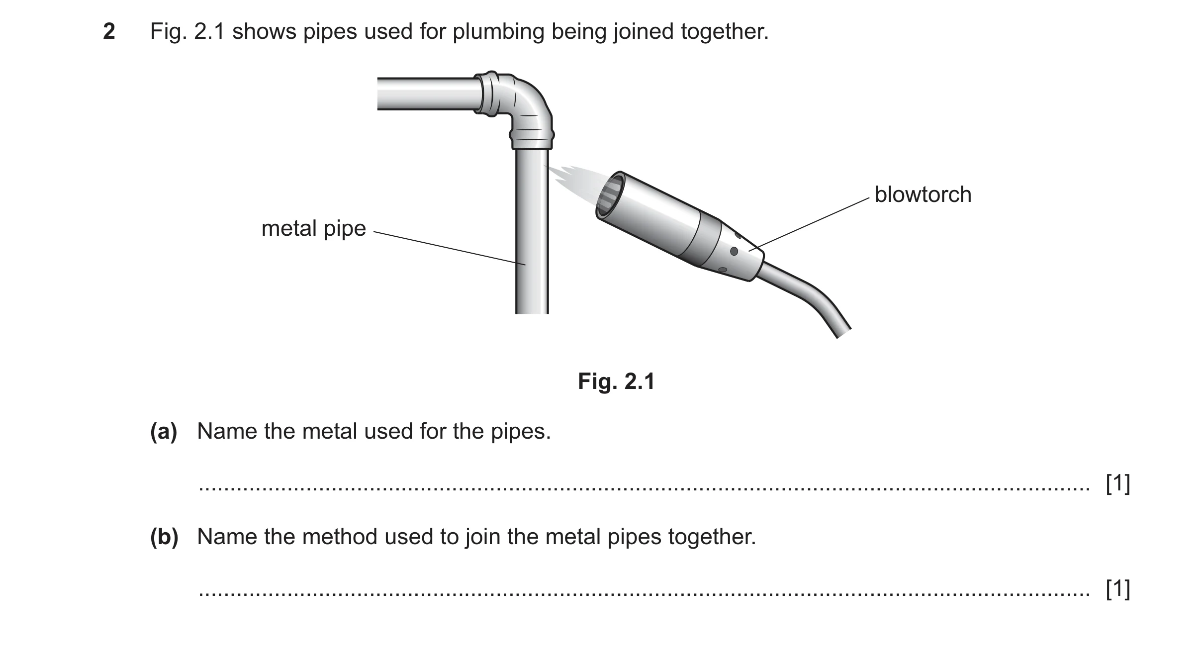 Question 419: Fig. 2.1 shows pipes used for plumbing being joined together. blowtorch metal pipe Fig. 2.1 (a) Name the metal used for the pipes. ........…