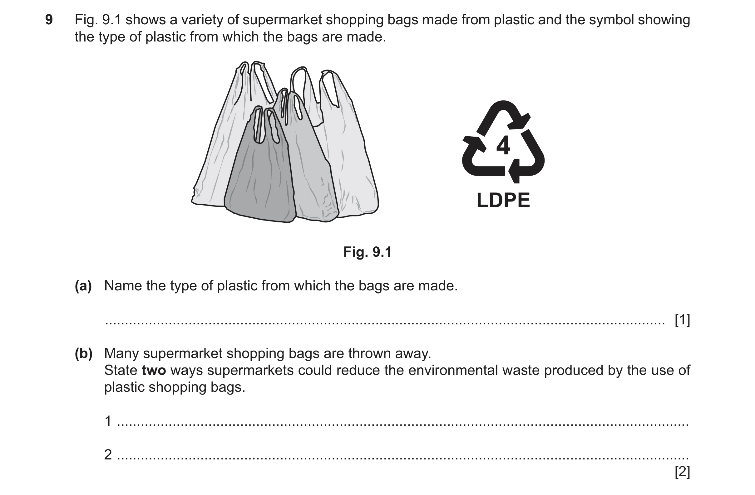 Question 122: Fig. 9.1 shows a variety of supermarket shopping bags made from plastic and the symbol showing the type of plastic from which the bags are …