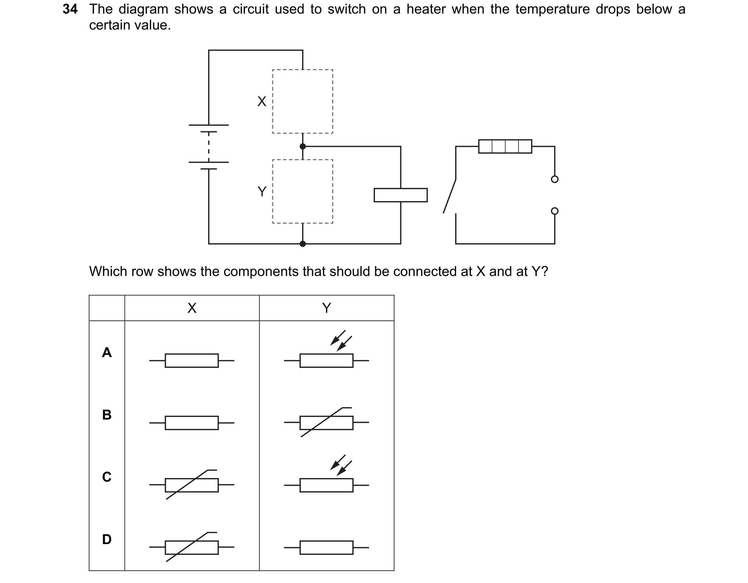 Question 155: The diagram shows a circuit used to switch on a heater when the temperature drops below a certain value. X Y Which row shows the components…