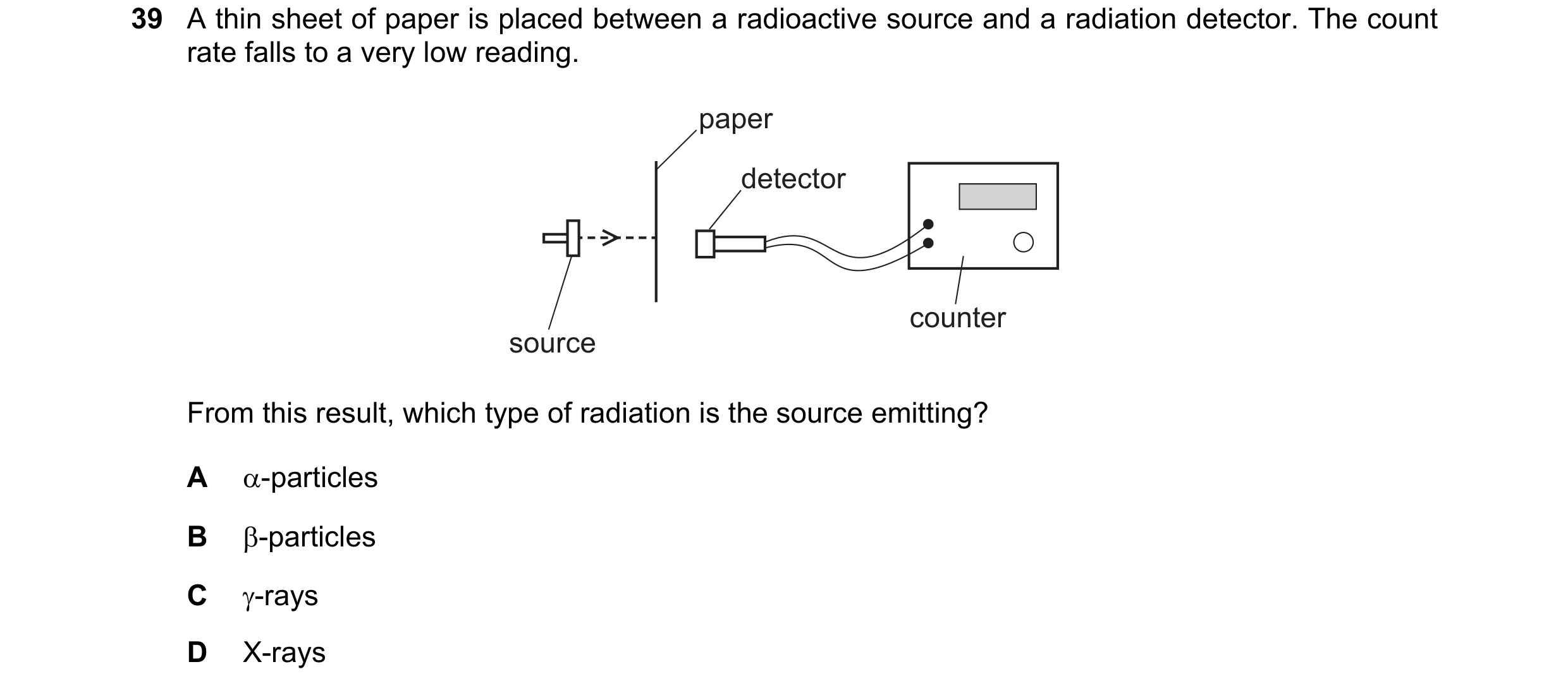 Question 89: A thin sheet of paper is placed between a radioactive source and a radiation detector. The count rate falls to a very low reading. paper de…