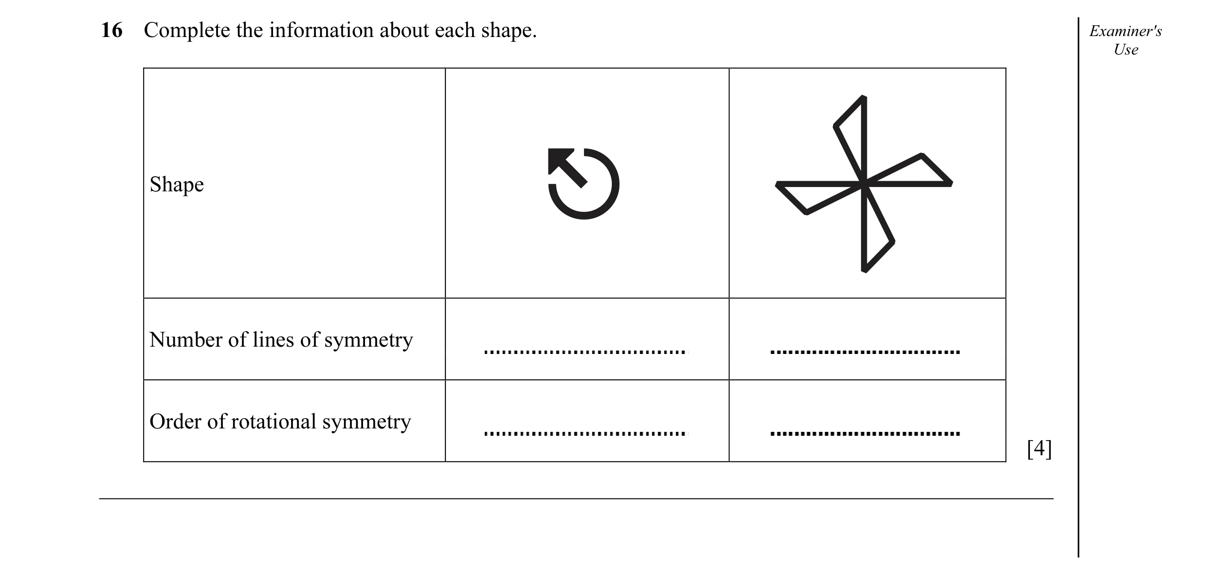 Question 7: Complete the information about each shape. Examiner's Use Shape Number of lines of symmetry Order of rotational symmetry [4]