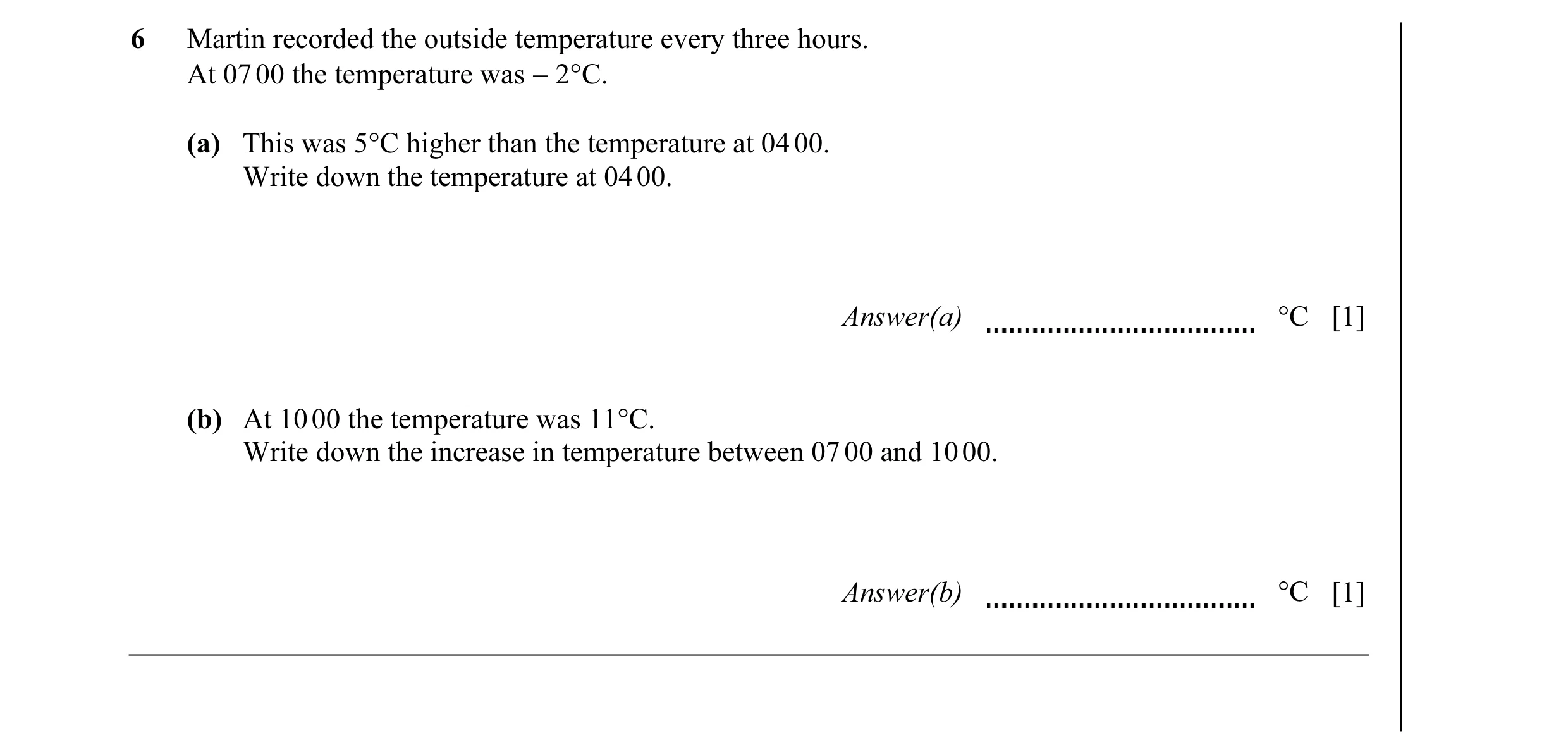 Question 13: Martin recorded the outside temperature every three hours. At 07 00 the temperature was − 2°C. (a) This was 5°C higher than the temperature…