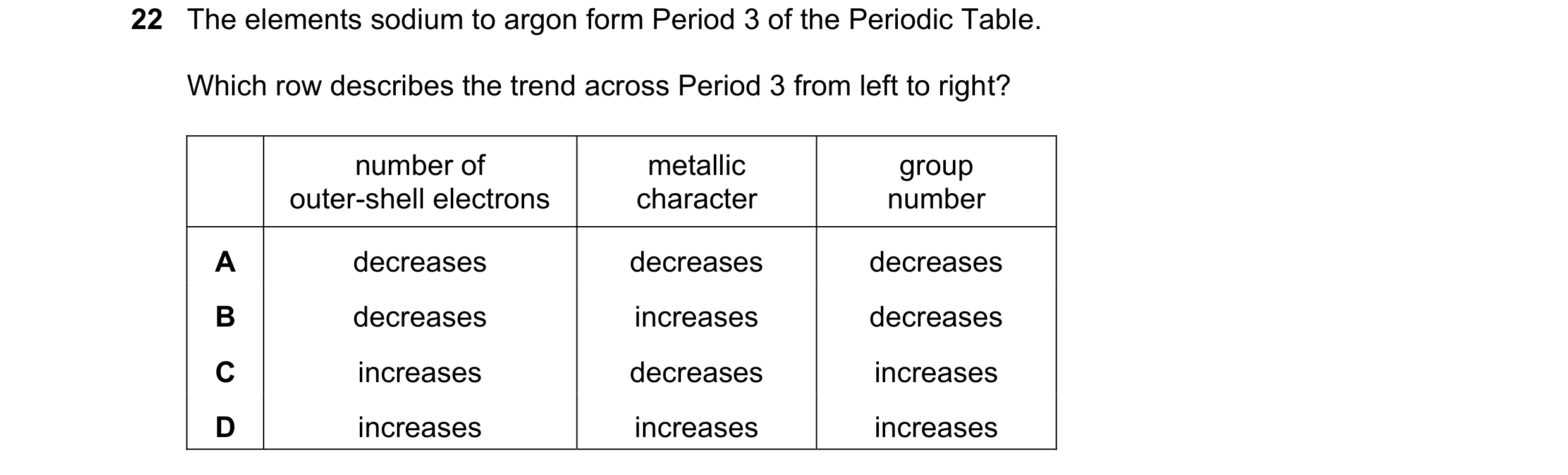 Question 10: The elements sodium to argon form Period 3 of the Periodic Table. Which row describes the trend across Period 3 from left to right? number …