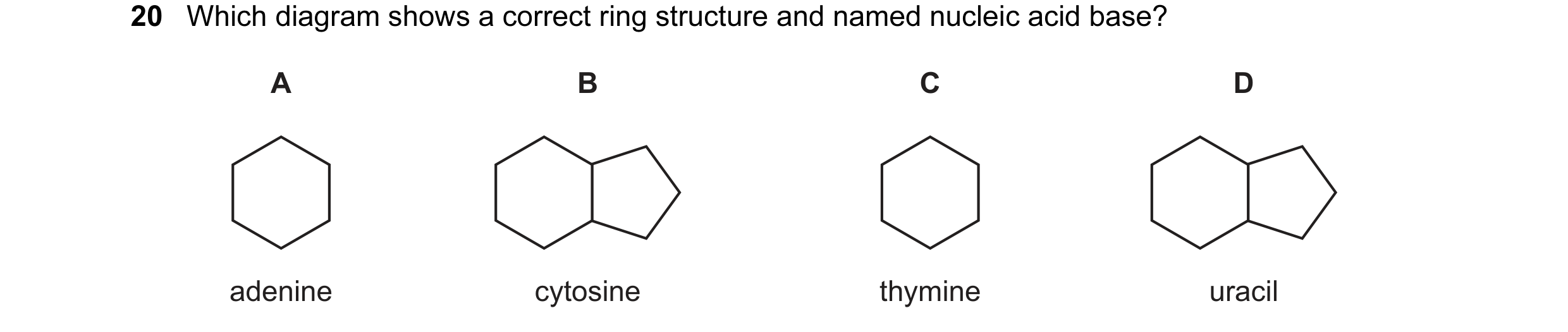 Question 95: Which diagram shows a correct ring structure and named nucleic acid base? A B C D adenine cytosine thymine uracil