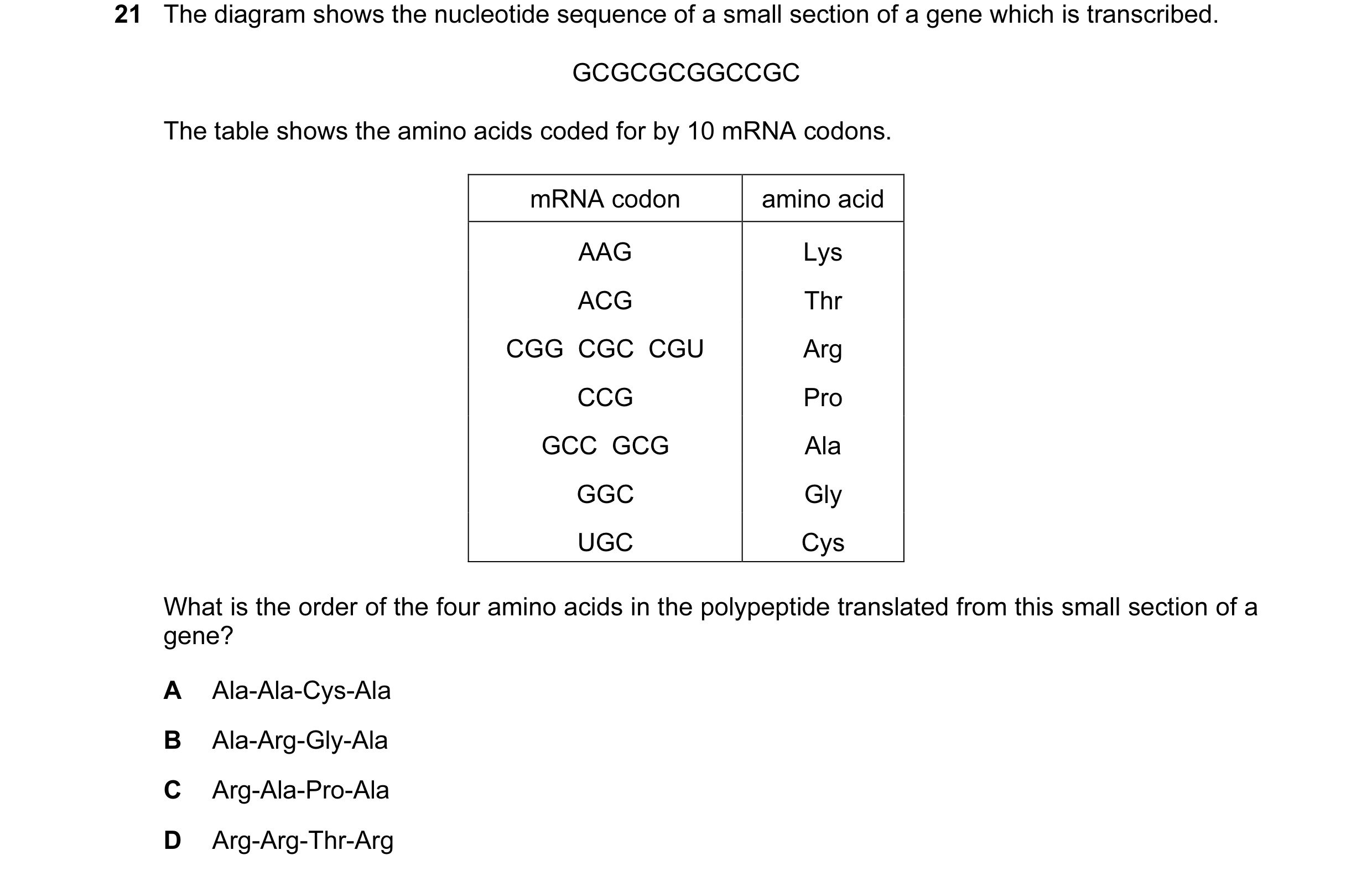 Question 91: The diagram shows the nucleotide sequence of a small section of a gene which is transcribed. GCGCGCGGCCGC The table shows the amino acids c…