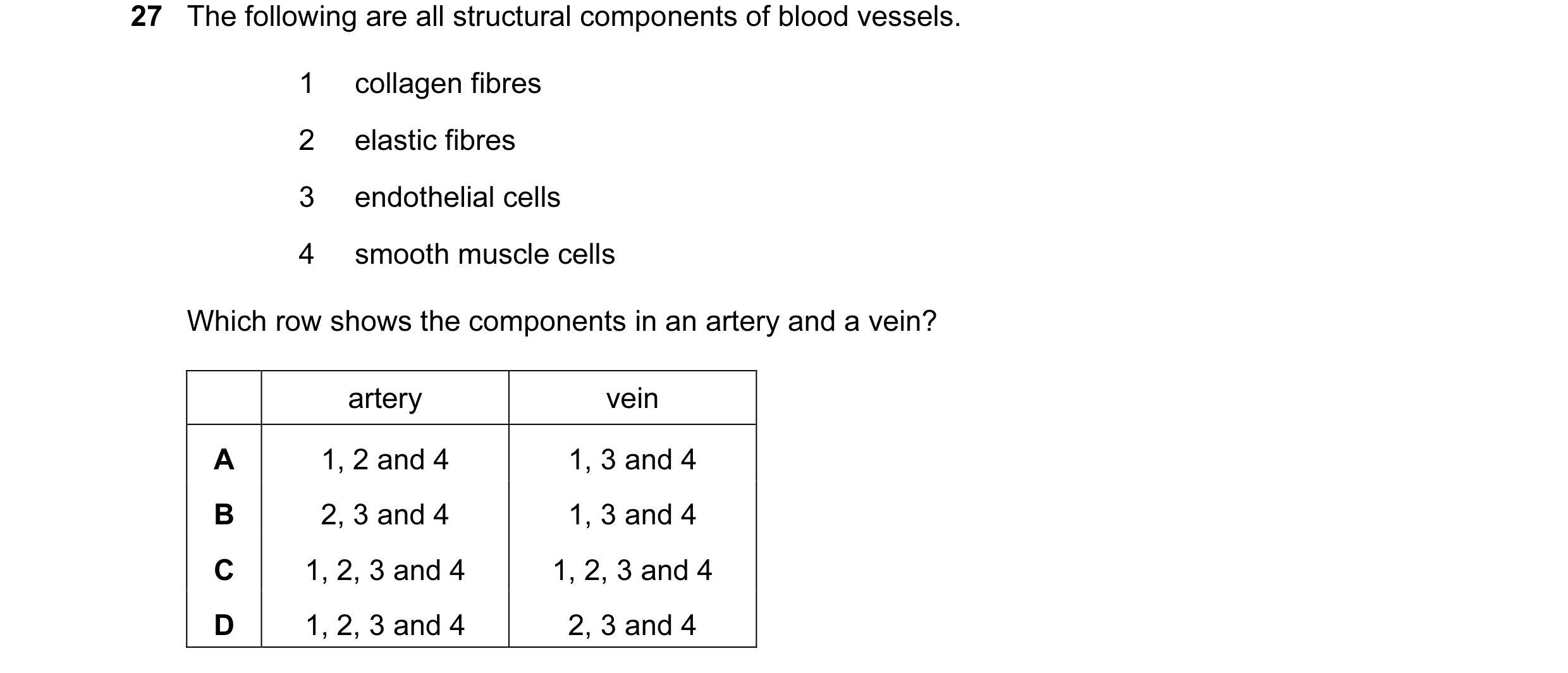 Question 67: The following are all structural components of blood vessels. 1 collagen fibres 2 elastic fibres 3 endothelial cells 4 smooth muscle cells …