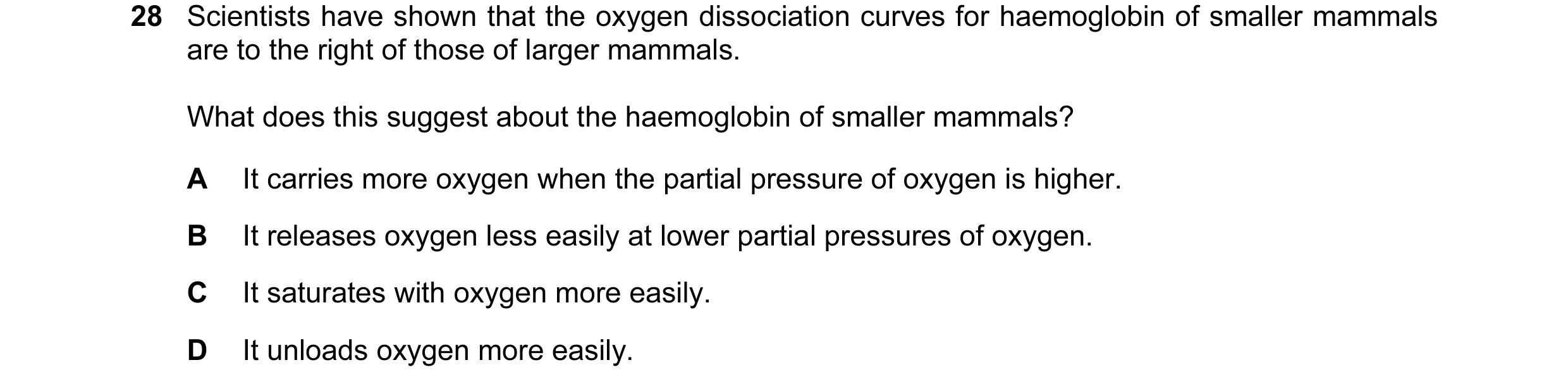 Question 82: Scientists have shown that the oxygen dissociation curves for haemoglobin of smaller mammals are to the right of those of larger mammals. W…