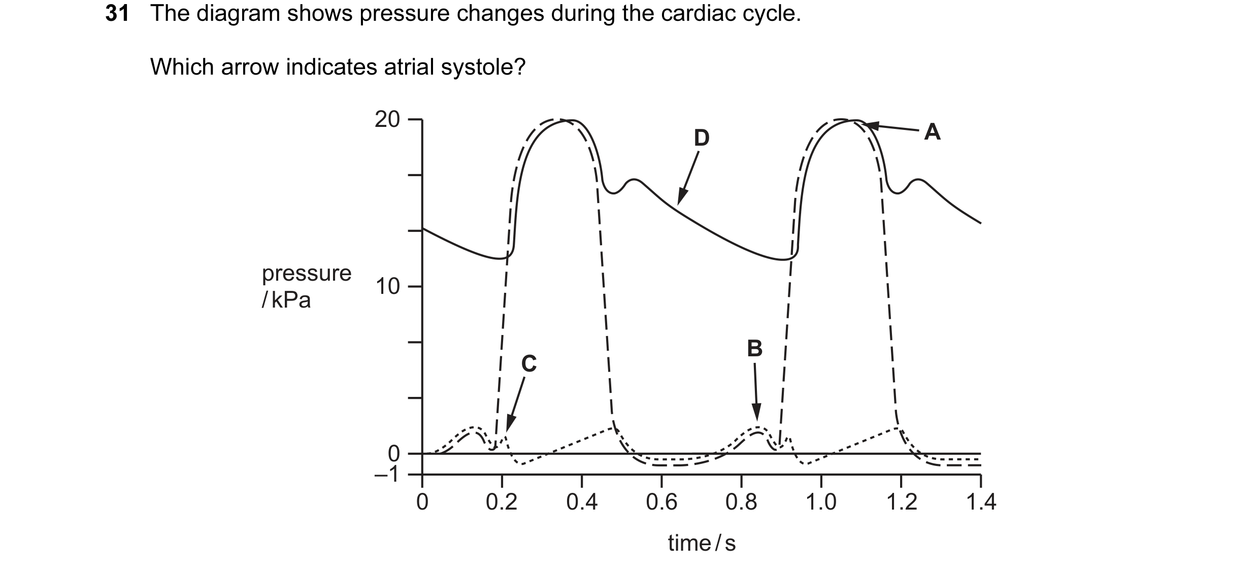 Question 65: The diagram shows pressure changes during the cardiac cycle. Which arrow indicates atrial systole? 20 D A pressure 10 / kPa B C 0 –1 0 0.2 …