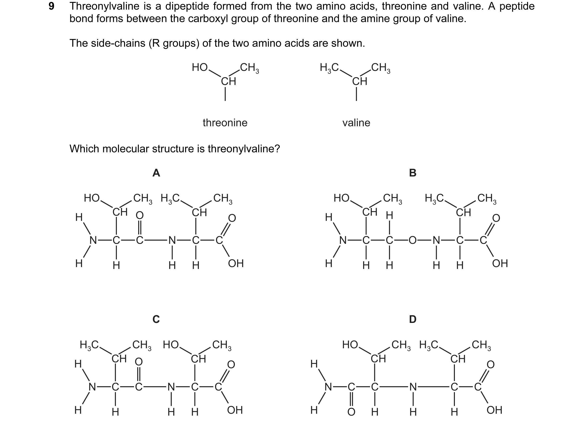Question 110: Threonylvaline is a dipeptide formed from the two amino acids, threonine and valine. A peptide bond forms between the carboxyl group of thr…