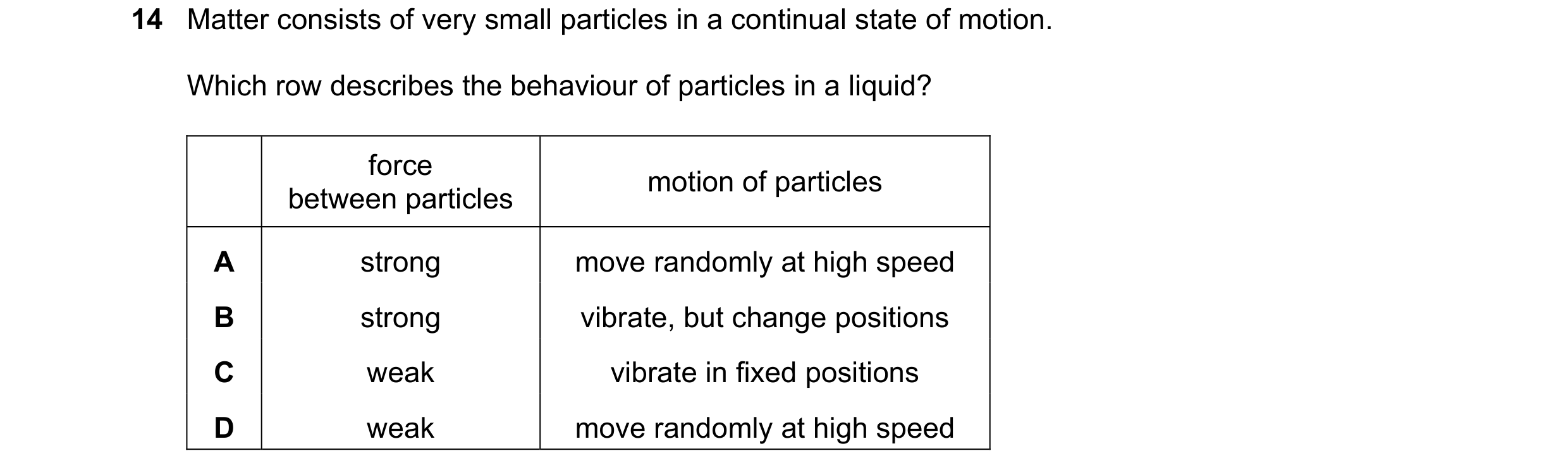 Question 128: Matter consists of very small particles in a continual state of motion. Which row describes the behaviour of particles in a liquid? force m…