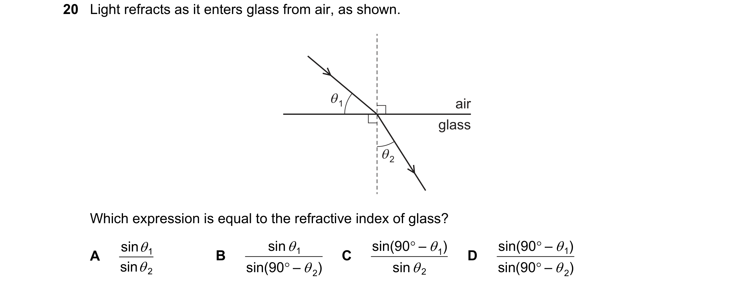 Question 154: Light refracts as it enters glass from air, as shown.

air

glass

Which expression is equal to the refractive index of glass?

sind, B sin…