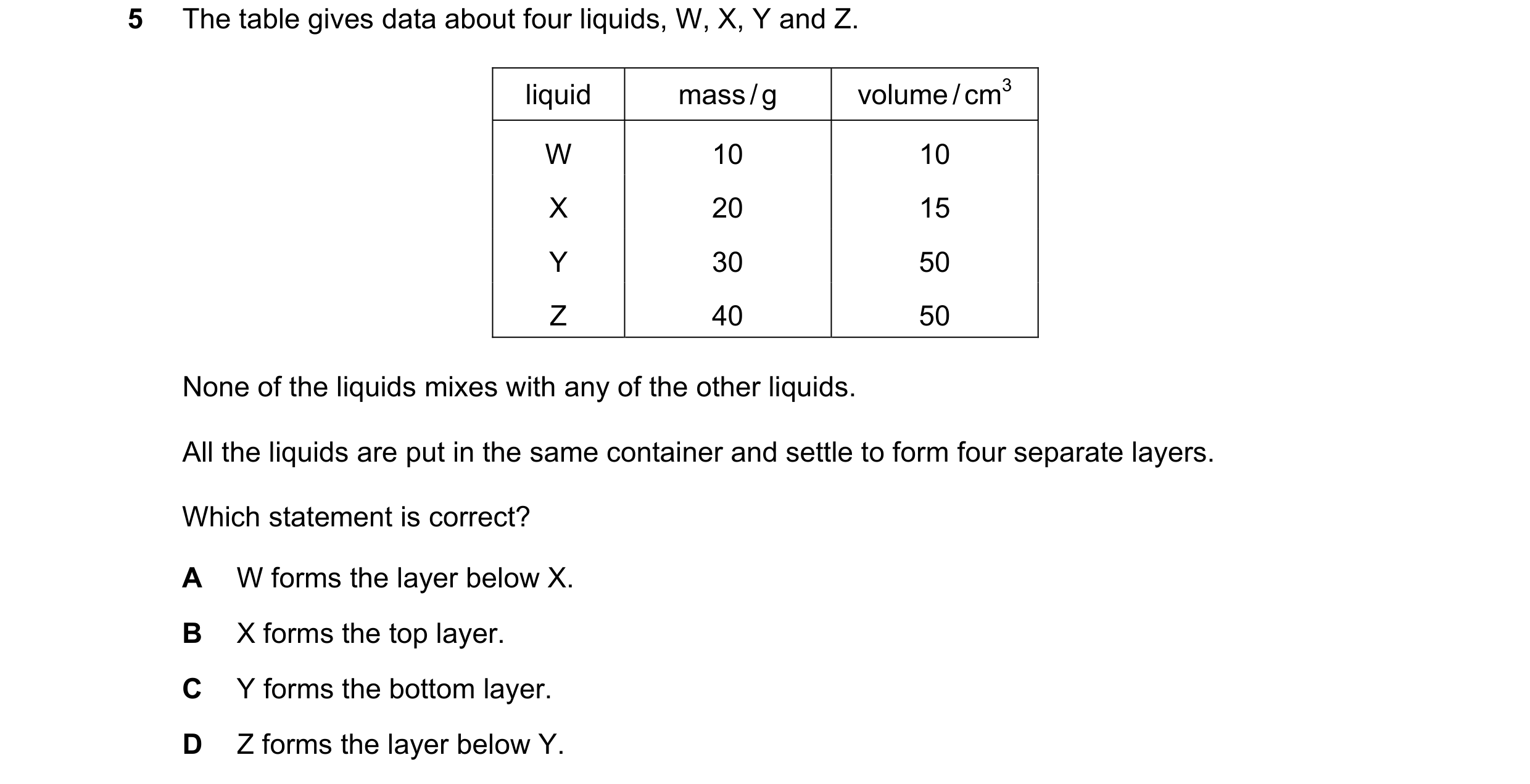 Question 72: The table gives data about four liquids, W, X, Y and Z. liquid mass / g volume / cm3 W 10 10 X 20 15 Y 30 50 Z 40 50 None of the liquids mi…