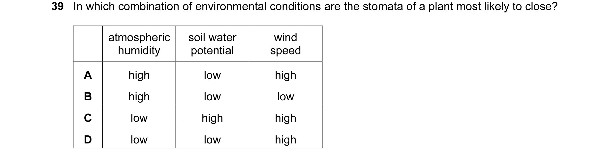 Question 42: In which combination of environmental conditions are the stomata of a plant most likely to close? atmospheric soil water wind humidity pote…