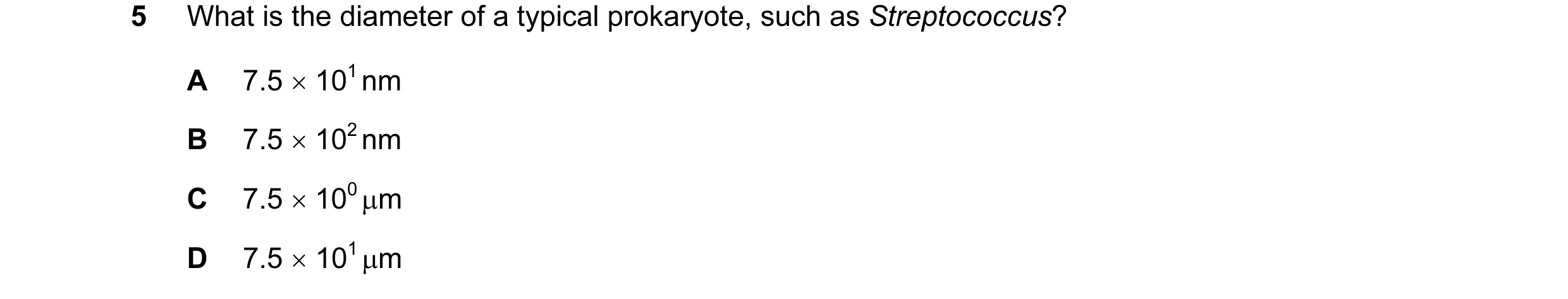 Question 55: What is the diameter of a typical prokaryote, such as Streptococcus? A 7.5 × 101 nm B 7.5 × 102 nm C 7.5 × 100 µm D 7.5 × 101 µm