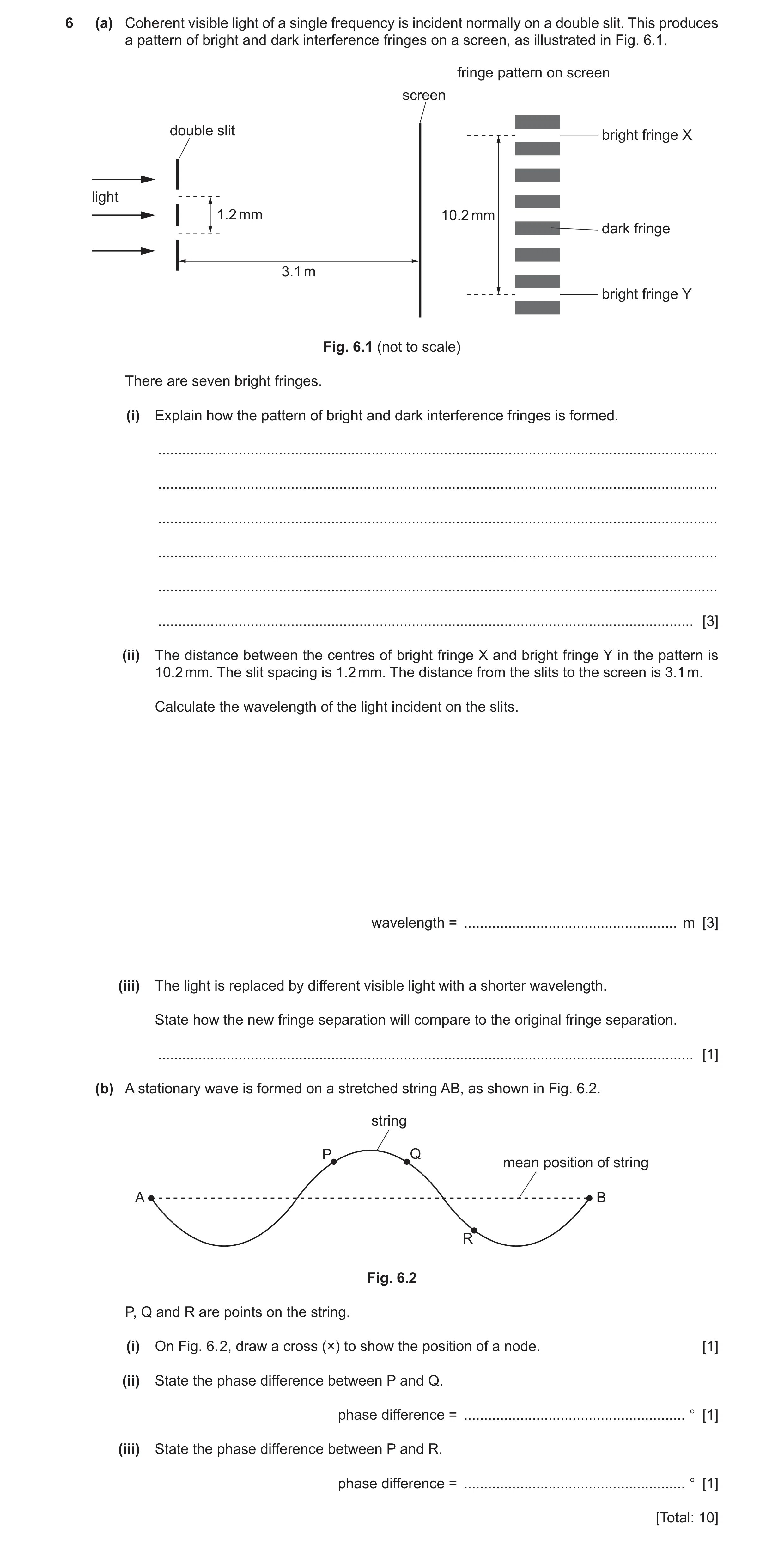 Question 15: (a) Coherent visible light of a single frequency is incident normally on a double slit. This produces a pattern of bright and dark interfer…