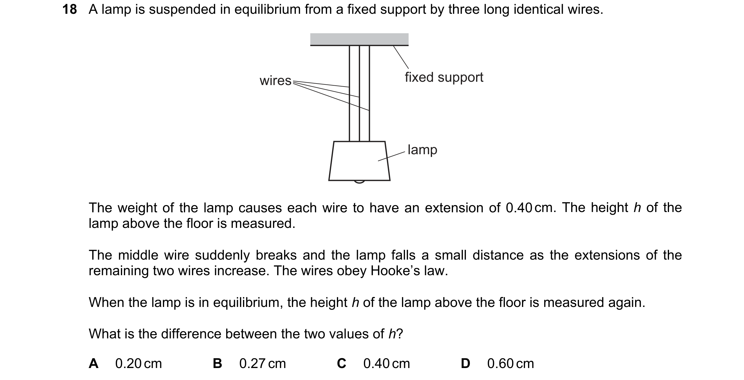Question 121: A lamp is suspended in equilibrium from a fixed support by three long identical wires. wires fixed support lamp The weight of the lamp caus…