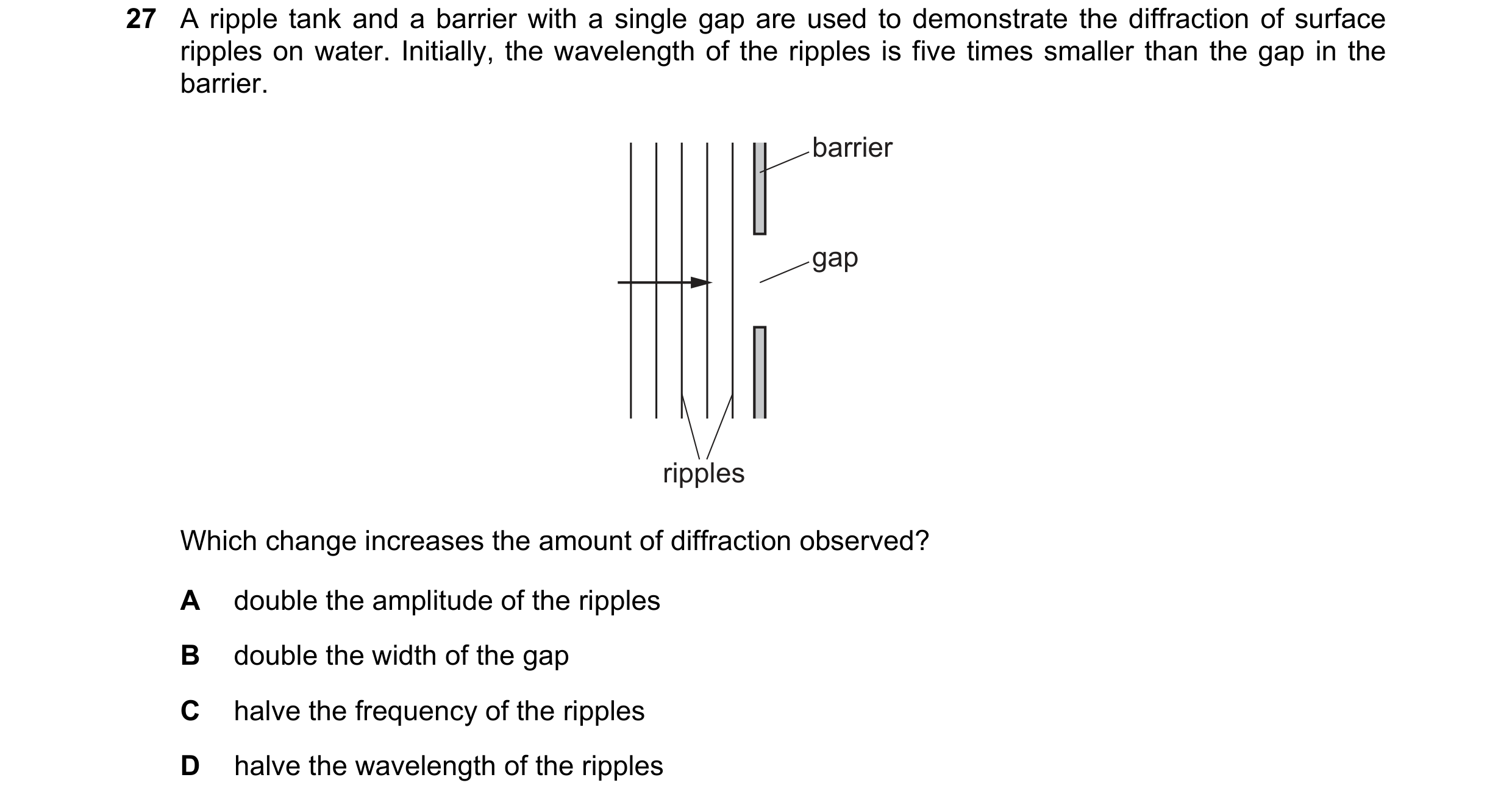 Question 59: A ripple tank and a barrier with a single gap are used to demonstrate the diffraction of surface ripples on water. Initially, the wavelengt…