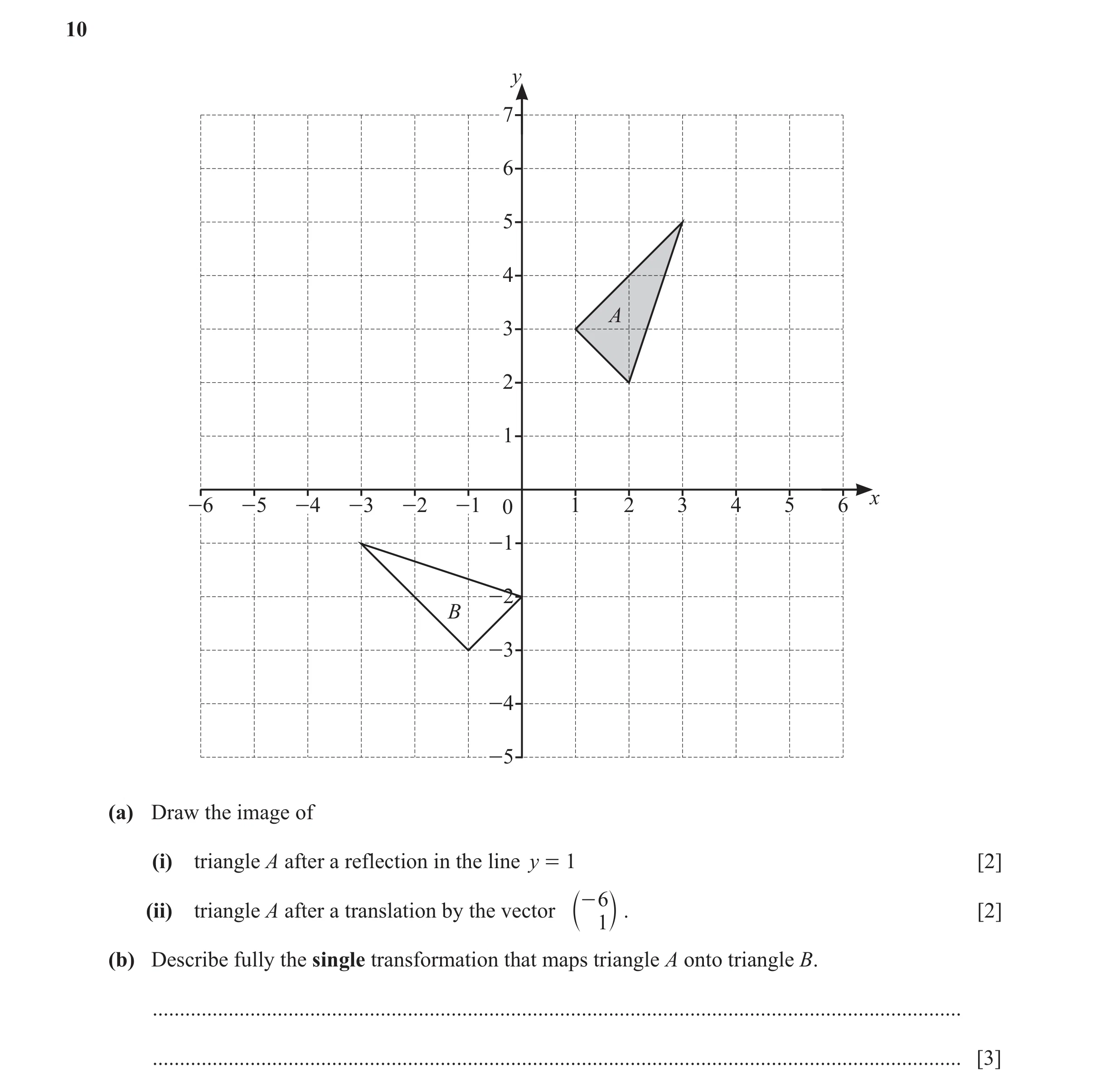Question 38: y 7 6 5 4 A 3 2 1 x -6 -5 -4 -3 -2 -1 0 1 2 3 4 5 6 -1 -2 B -3 -4 -5 (a) Draw the image of (i) triangle A after a reflection in the line y …