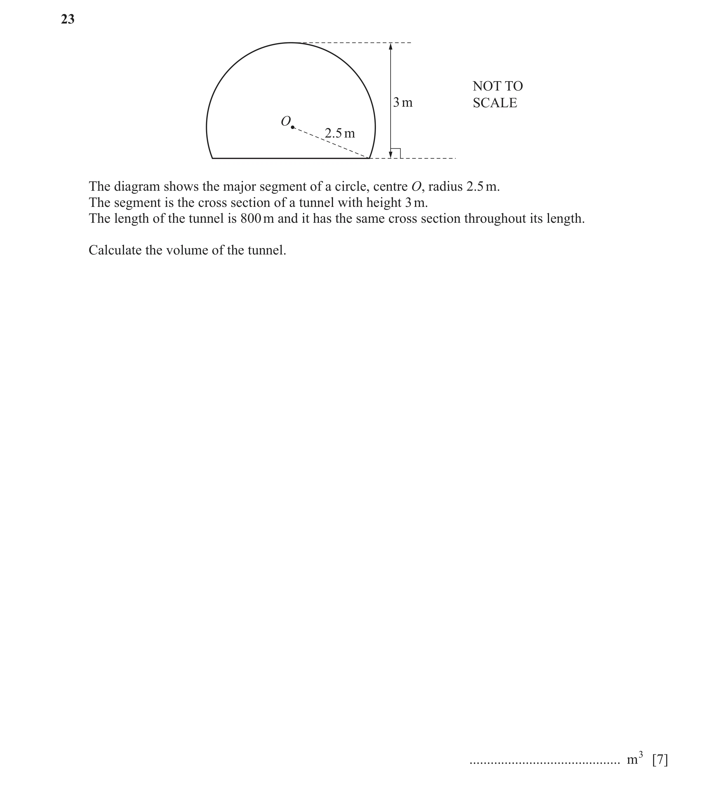 Question 79: NOT TO 3 m SCALE O 2.5 m The diagram shows the major segment of a circle, centre O, radius 2.5 m. The segment is the cross section of a tun…