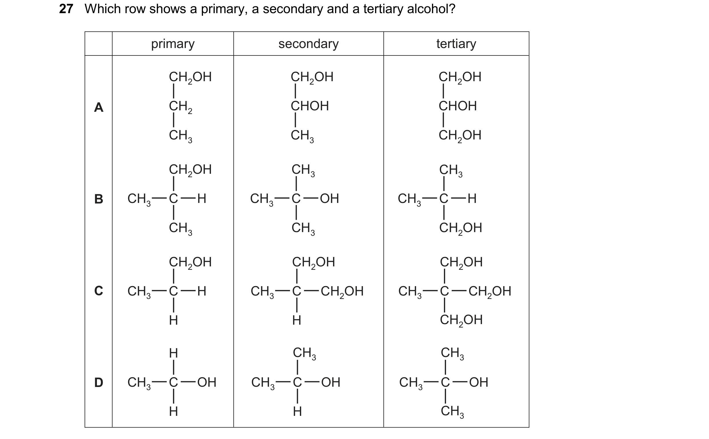 Question 374: Which row shows a primary, a secondary and a tertiary alcohol? primary secondary tertiary CH2OH CH2OH CH2OH A CH2 CHOH CHOH CH3 CH3 CH2OH C…