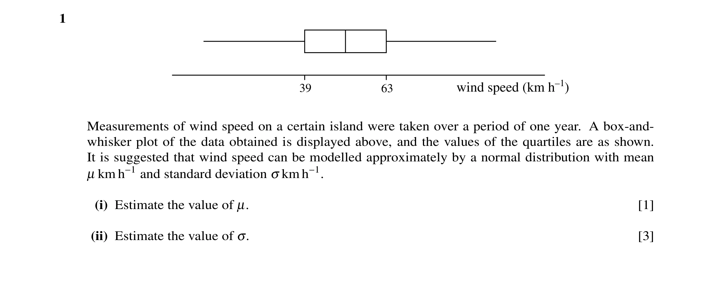 Question 7: 39 63 wind speed (km h–1) Measurements of wind speed on a certain island were taken over a period of one year. A box-and- whisker plot of t…