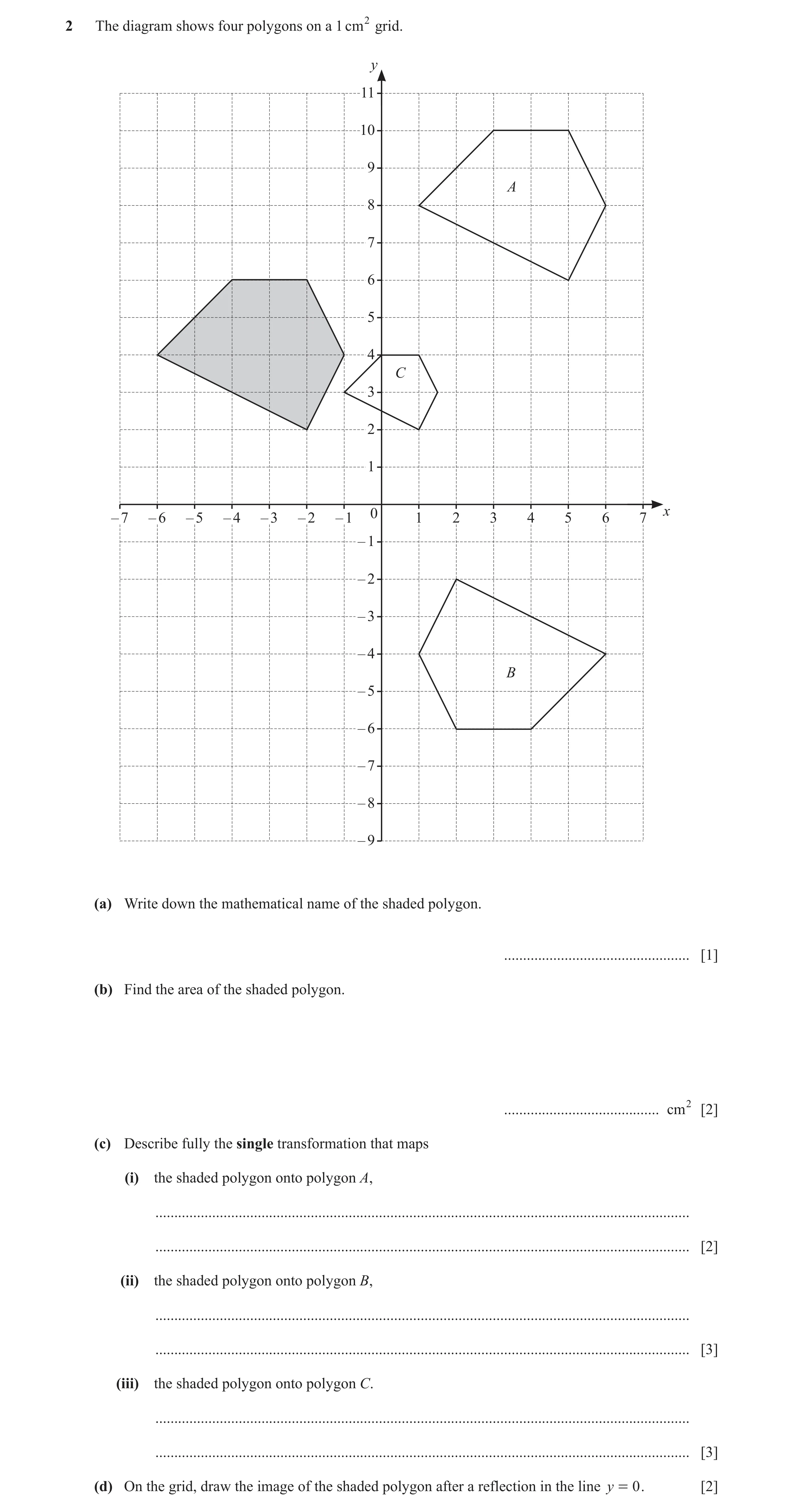 Question 67: The diagram shows four polygons on a 1 cm 2 grid. y 1111 1010 99 A 88 77 66 55 44 C 33 22 11 0 x –– 77 –– 66 –– 55 –– 44 –– 33 –– 22 –– 11 …