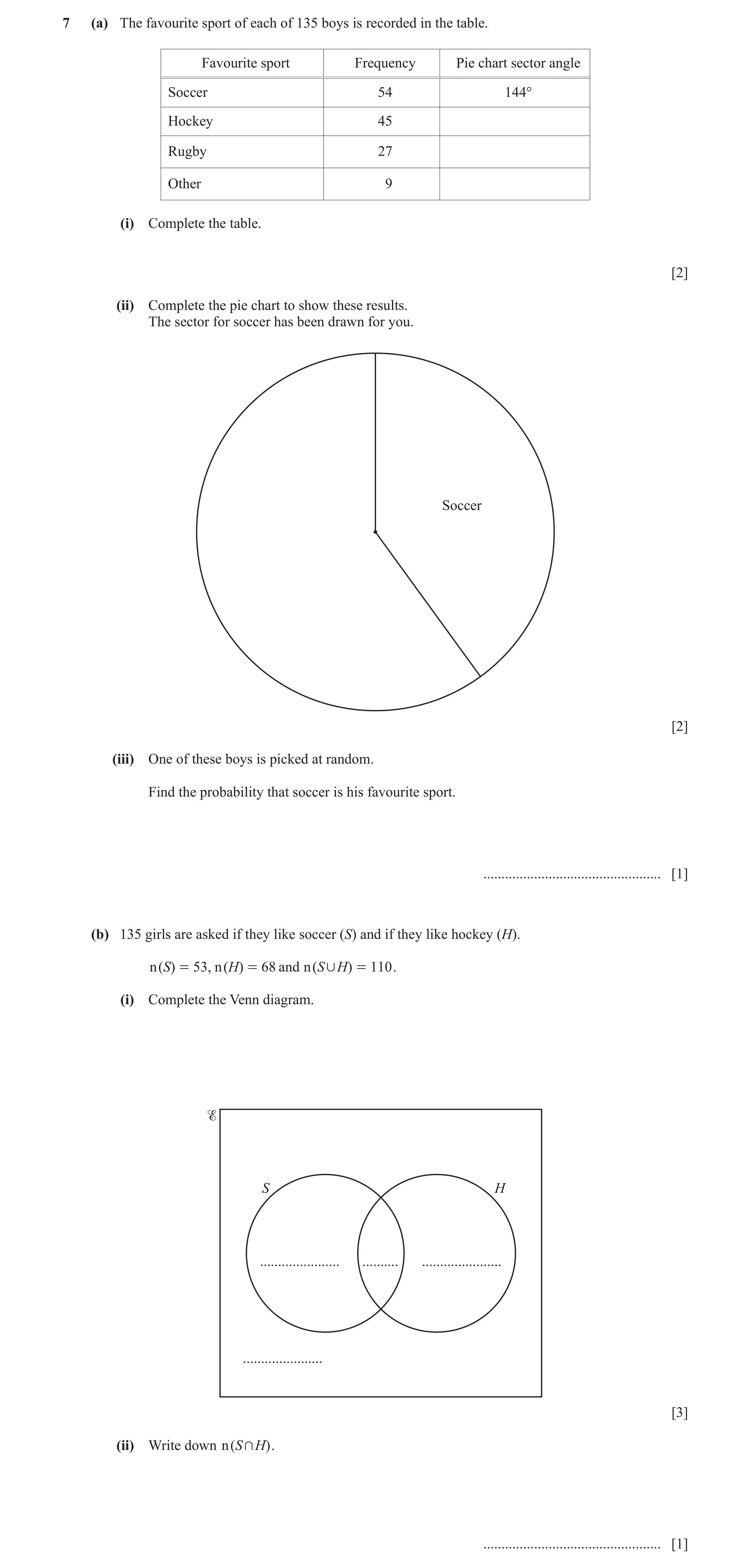 Question 29: (a) The favourite sport of each of 135 boys is recorded in the table. Favourite sport Frequency Pie chart sector angle Soccer 54 144° Hocke…