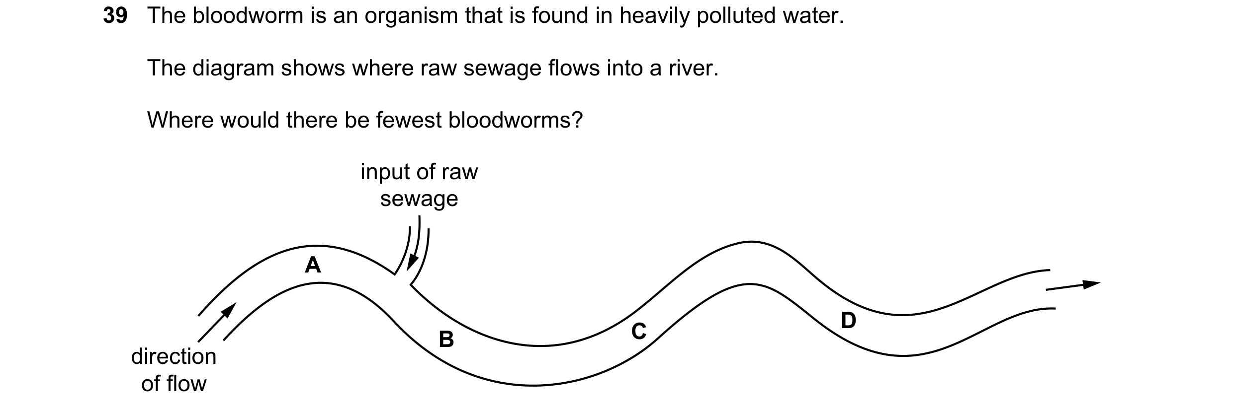 Question 7: The bloodworm is an organism that is found in heavily polluted water. The diagram shows where raw sewage flows into a river. Where would th…