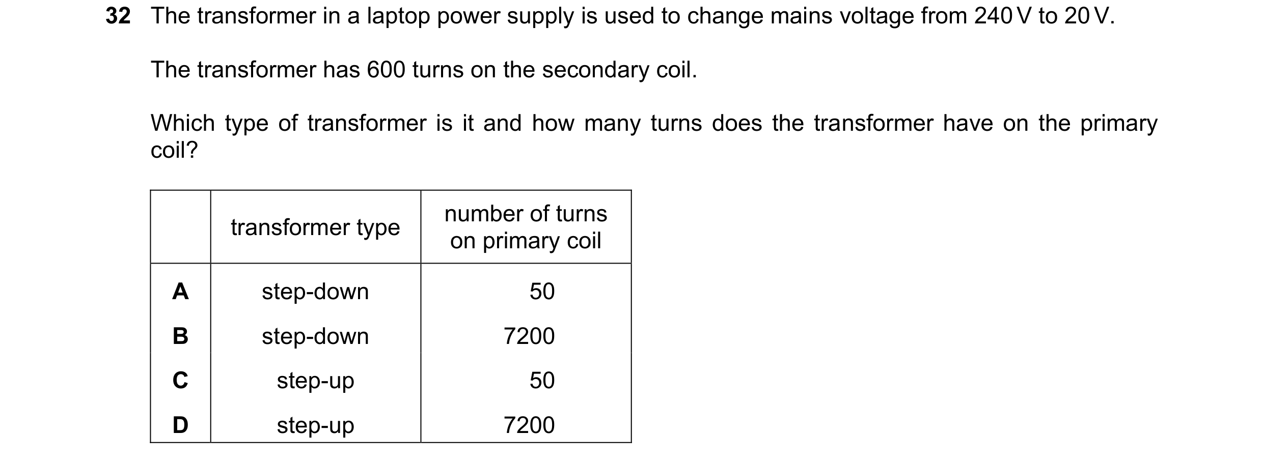 Question 288: The transformer in a laptop power supply is used to change mains voltage from 240 V to 20 V. The transformer has 600 turns on the secondary…