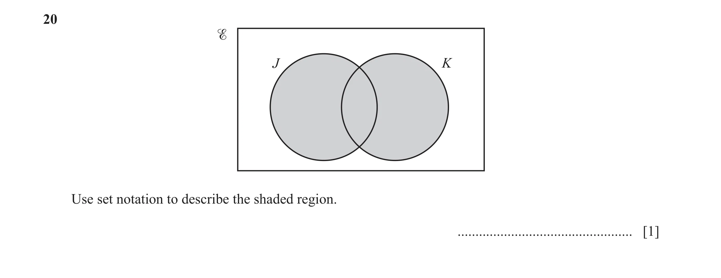 Question 16: % J K Use set notation to describe the shaded region. ................................................. [1]